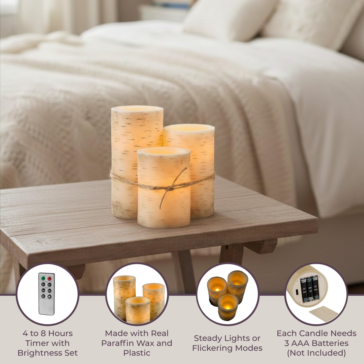 Flameless Candles - 3-Pack Faux Birch Bark Battery Operated LED Candles with Remote and Flickering Light for Home Décor by Lavish Home
