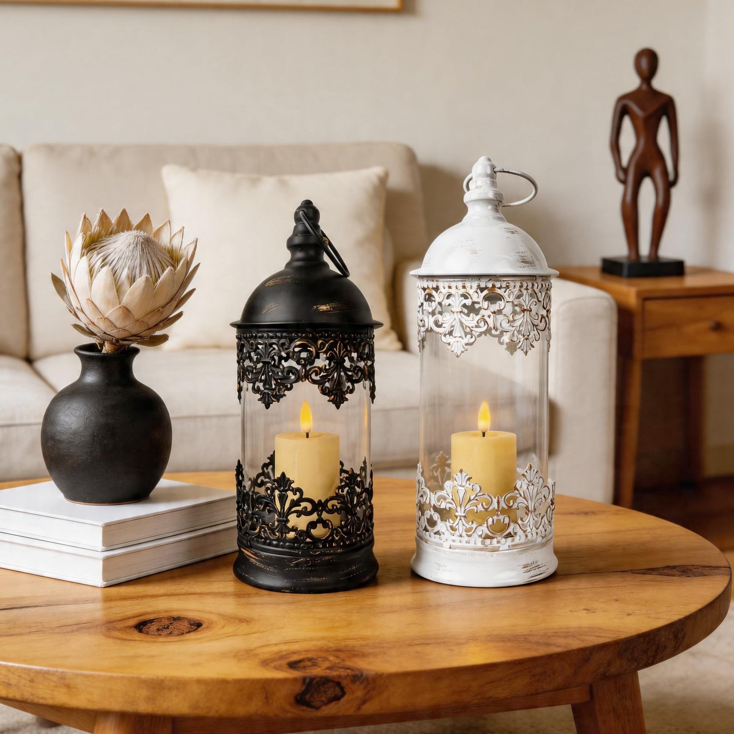 HiSnug Candlestick Holders with Flameless Candles - Gothic Vintage Hurricane Candle Holder, Portable Wind Lamp Barn Lantern Suspended Candleholders for Table Shelf Balcony Eaves, 2PCS, S+L, Black