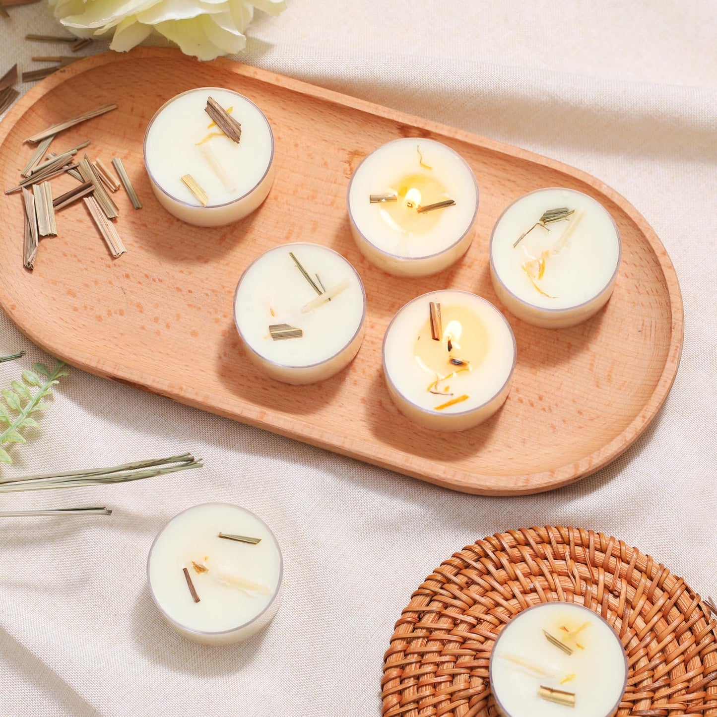 48Pcs Citronella Scented Tealight Candles, Palm Wax White Tea Lights, 4h Long Burning Tea Light Candles with Dried Flowers for Holiday, Wedding, Spa, and Home Decoration