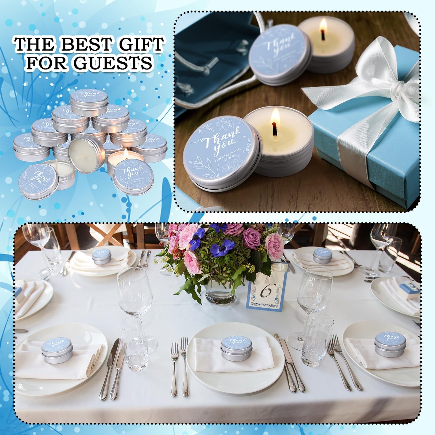 MTLEE 50 Pcs Blue Floral Wedding Thank You Candles Gifts for Guests, Bridal Shower Baby Shower Favors, 1 oz Mini Lavender Scented Soy Wax Candles Tin Bulk for Birthday Aromatherapy Party Favors