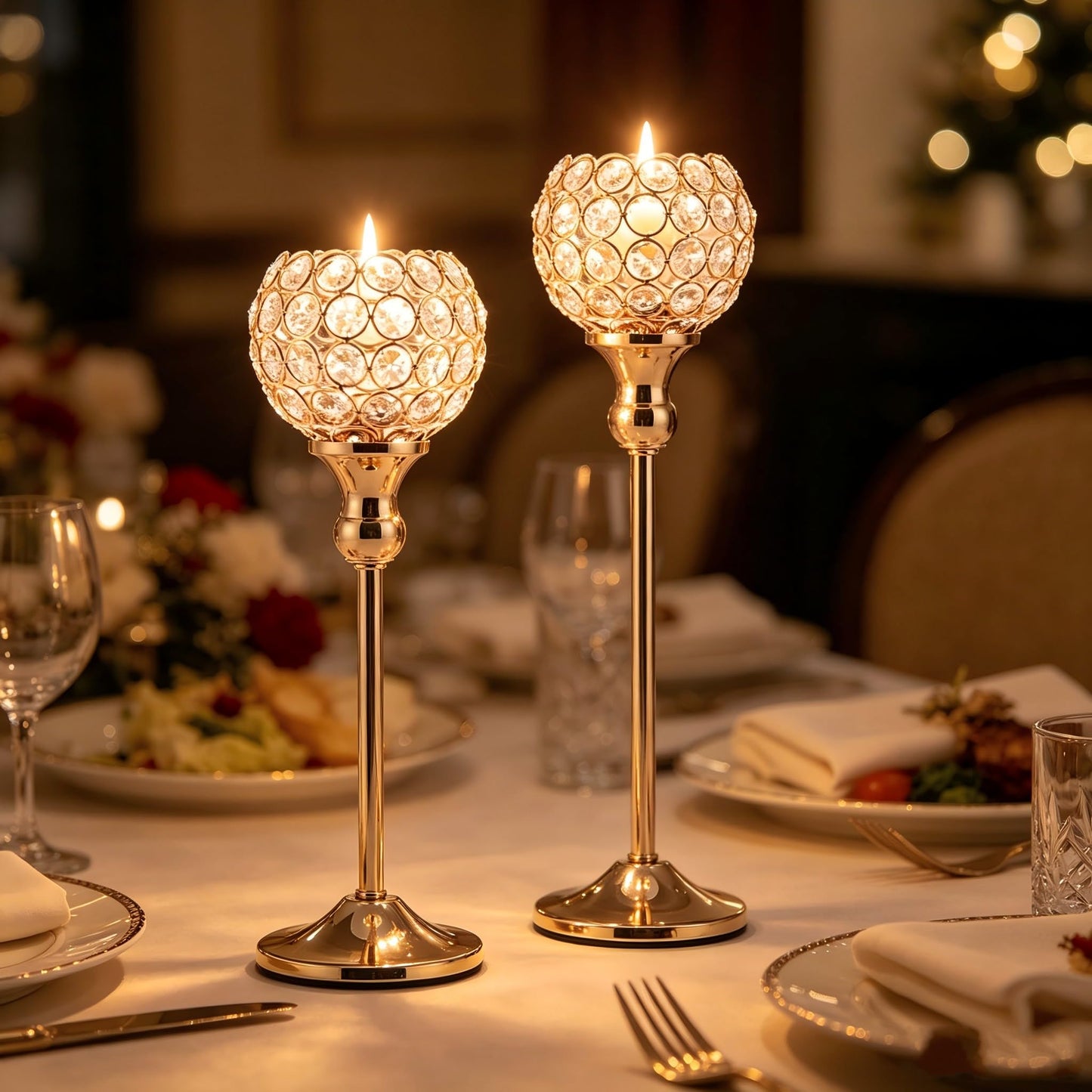 VINCIGANT Gold Crystal Candle Holders Set of 2,Pillar Candlesticks for Table Centerpieces, Valentine's Day Home Decor Wedding Party Housewarming Gift