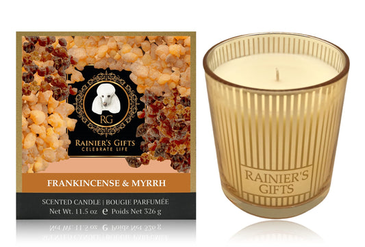 Rainier's Gifts Classic Scented Candle (Frankincense & Myrrh) - Aromatherapy, 11.5 oz, 55-65 Hours Average Burn Time