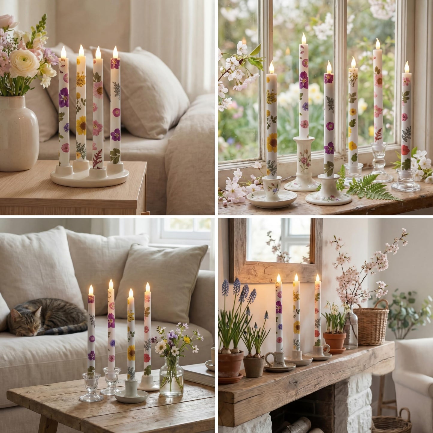 Nuanchu 6 Pcs Mother's Day Floral LED Flameless Taper Candles 10.6 Inch Pastel Dried Flower Flameless Candles Battery Operated Candlestick for Home Wedding Garden Summer Party Decoration