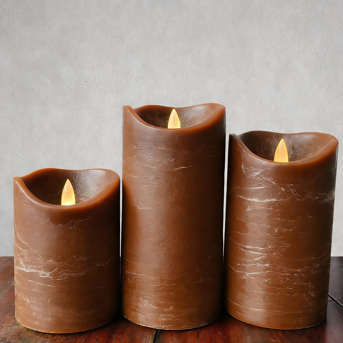 EZiKitchen Real Wax Flameless Candles Set of 3 (D 3" x H 4" 5" 6") Battery Operated LED Candle with Timer Home Decorative Pillar Flickering Lights,Wedding Party Events Decor,Brown