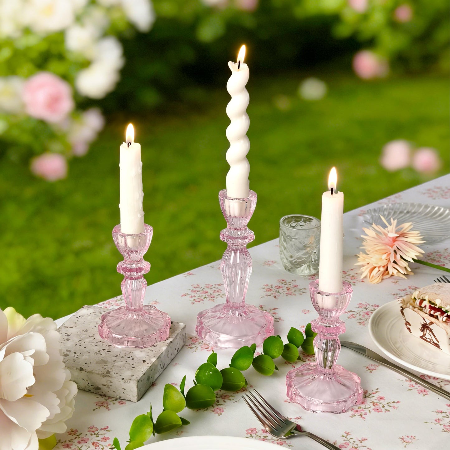 CHOCSTAY Glass Candlestick Holders Set of 3, Pink Stripe Taper Candle Holders for Table Centerpiece, Home Decorations, Wedding and Party