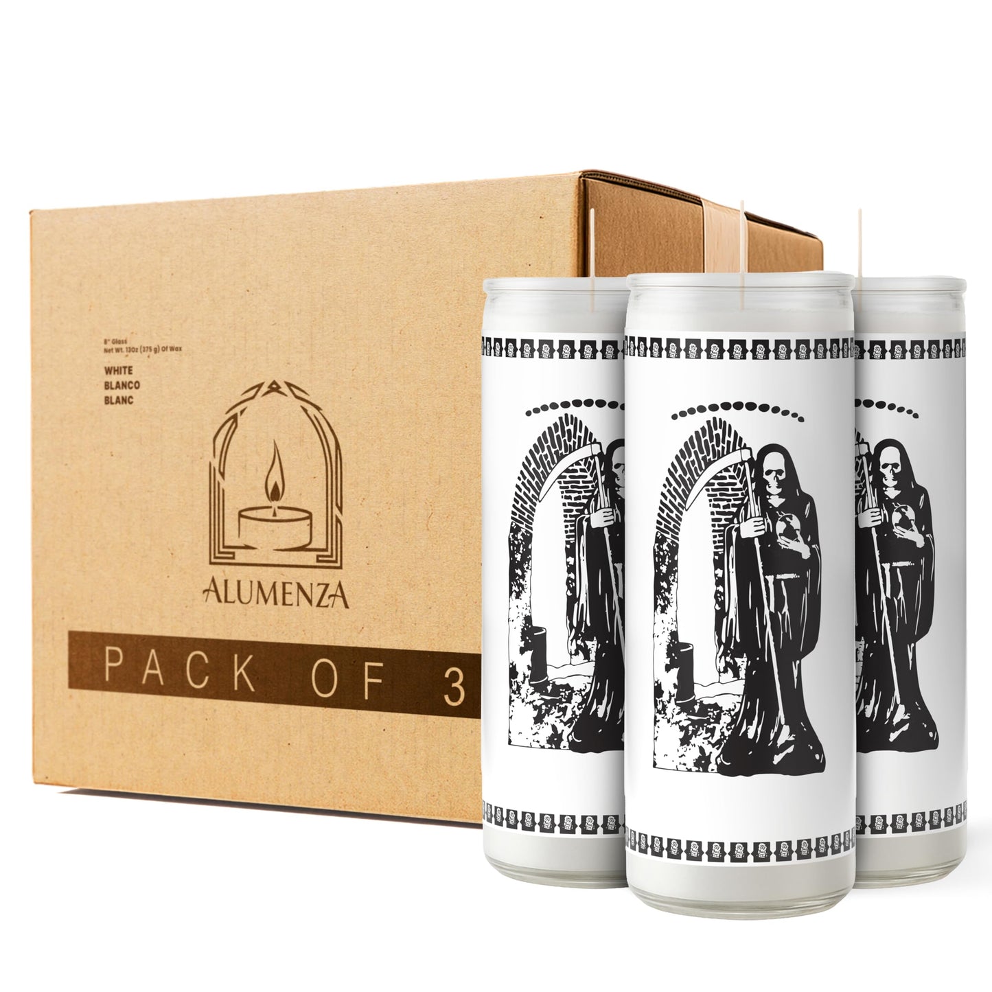 Alumenza 3 Pack Santa Muerte Candle in Glass Jar 90 Hours– Paraffin Wax, Clean Burning Unscented | Large & Tall Devotional Prayer Pillar Candles for Home, Memorial, Rituals