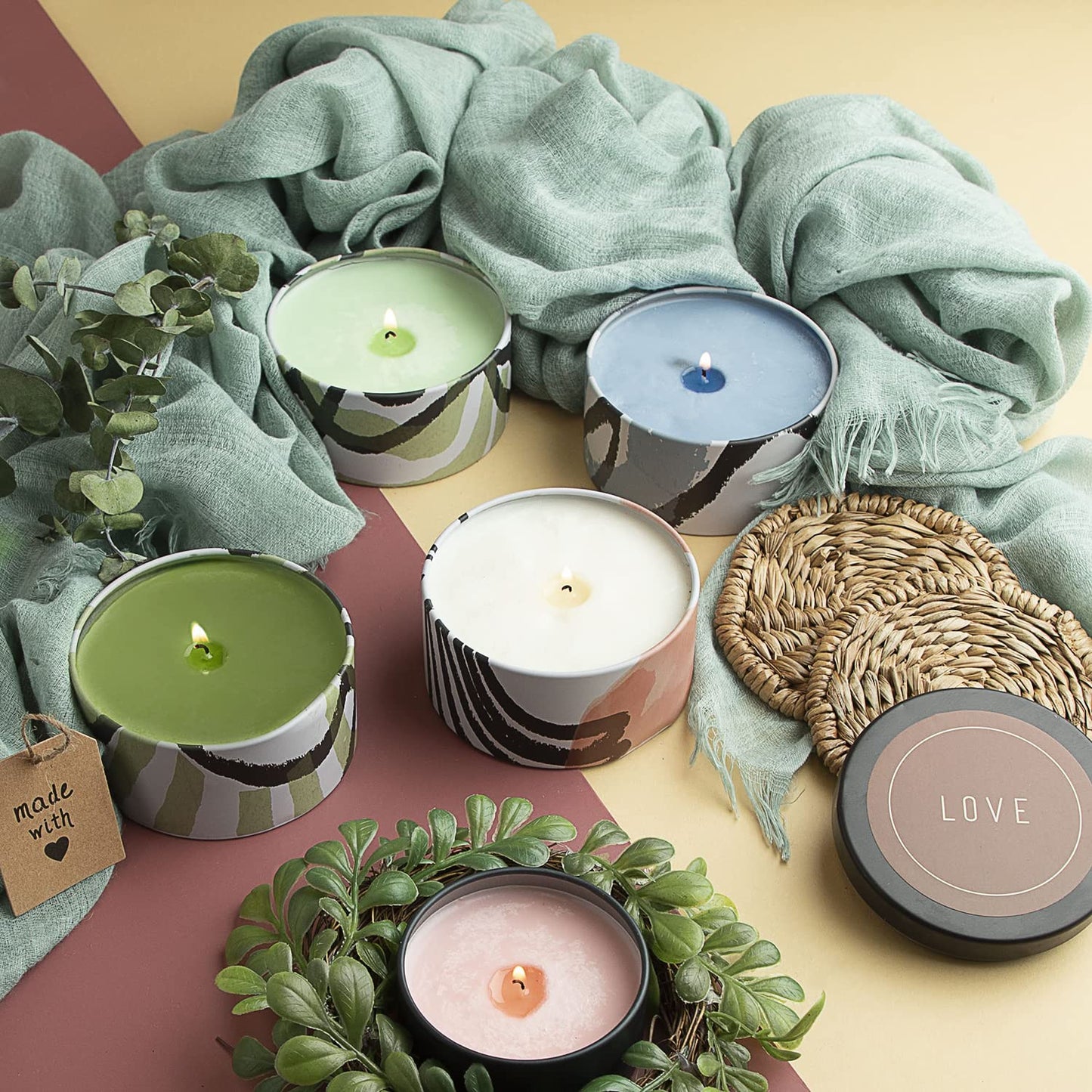 Hearth & Harbor Tin Candle Jars for Making Candles - DIY Candle Containers with Lids - Metal Candle Jars - Bulk Tins Storage for Candle - (24 Pieces) - (8 Ounces) - Painted Illustration