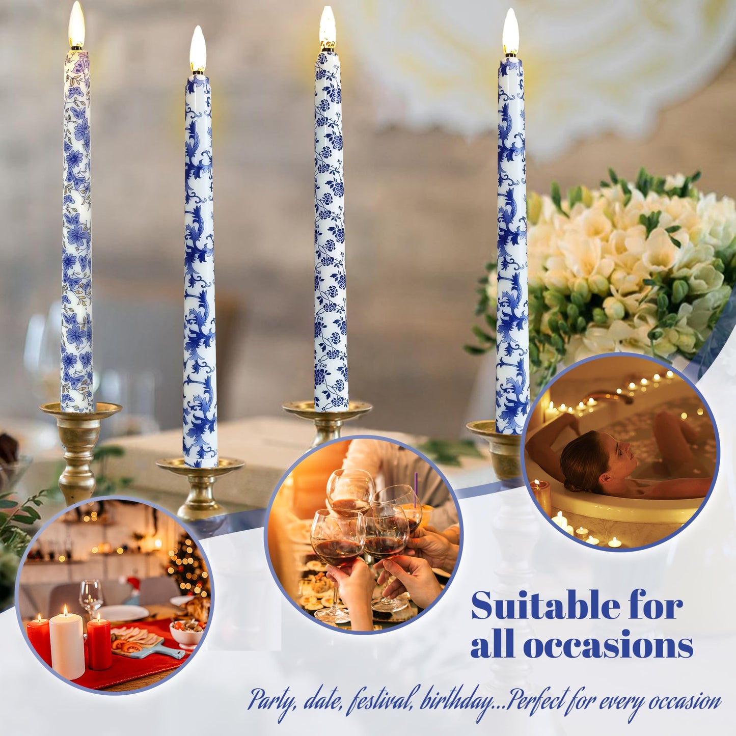 FCMSHAMD 6PCS Blue and White Porcelain Flameless Taper Candles, 11 Inch LED Candlesticks Battery Operated with 11-Key Remote and Timer, 3D Flickering Flame Lights for Wedding Party Home Decor Gifts