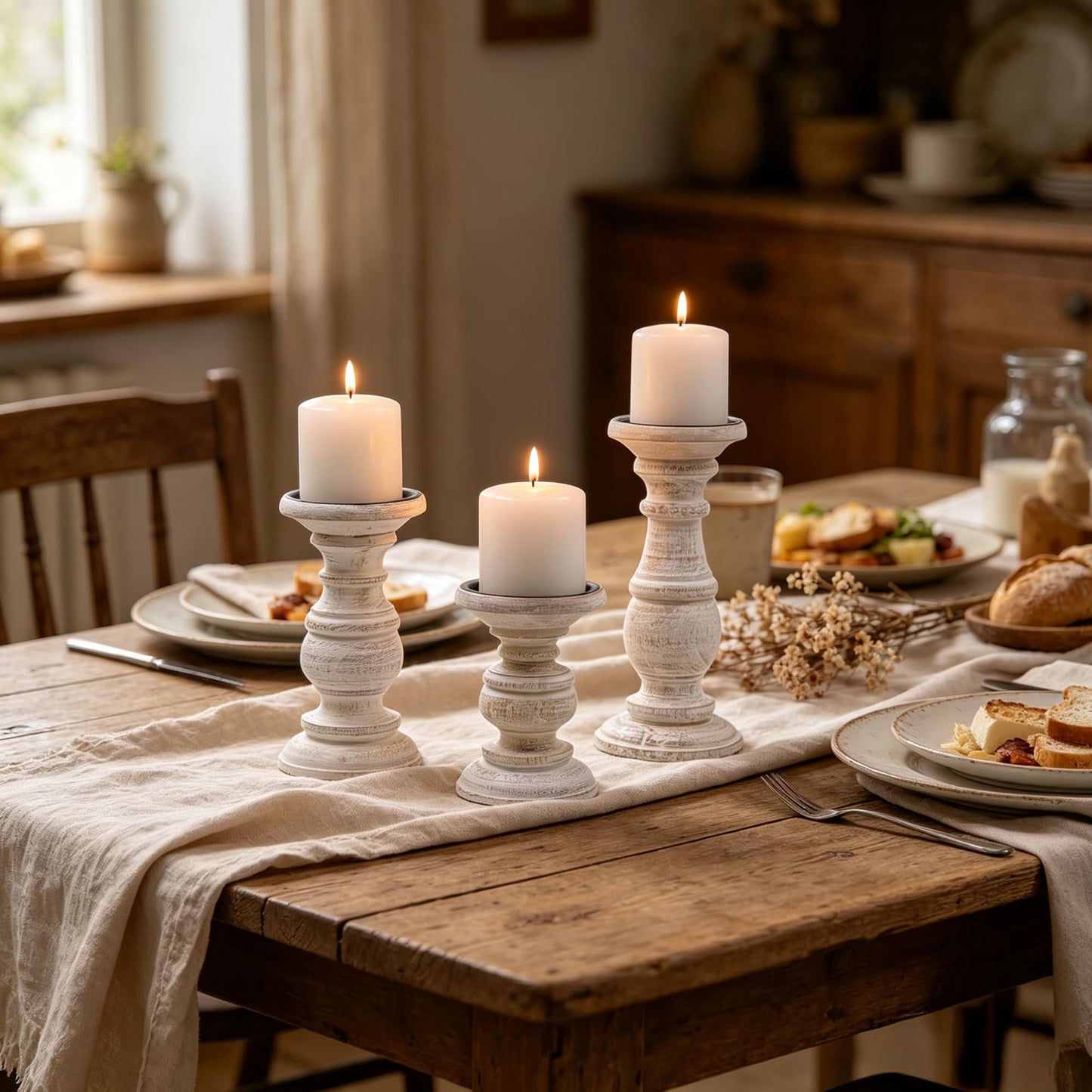 Hosley Set of 3 Whitewashed Wooden Pillar Candle Holders – 10”, 8”, and 6” Heights – Ideal for LED and Pillar Candles, Weddings, Parties, Home Décor, Spa, Reiki, and Aromatherapy