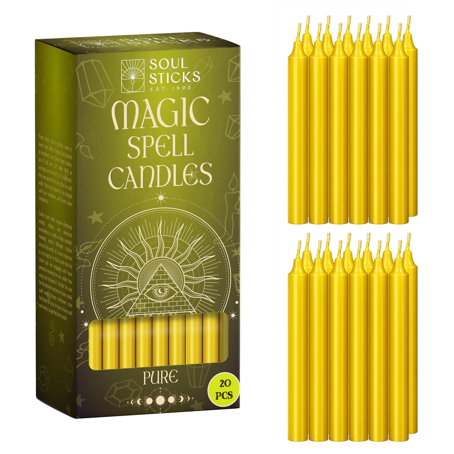 SOUL STICKS Pure Soul Magic Spell Chime Taper Candles 20 Pack - Ideal for Altar, Rituals, Ceremonies, Meditation Yellow Candle for Witchcraft Supplies, Wiccan Supplies, Candles Clearance