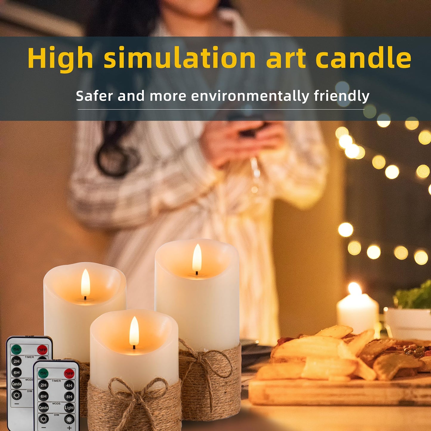 AKU TONPA Flameless Candles Battery Operated Pillar Real Wax Electric LED Candle Gift Set with Remote Control and Timer, 4" 5" 6" Pack of 3, Ivory Wax with Hemp Rope