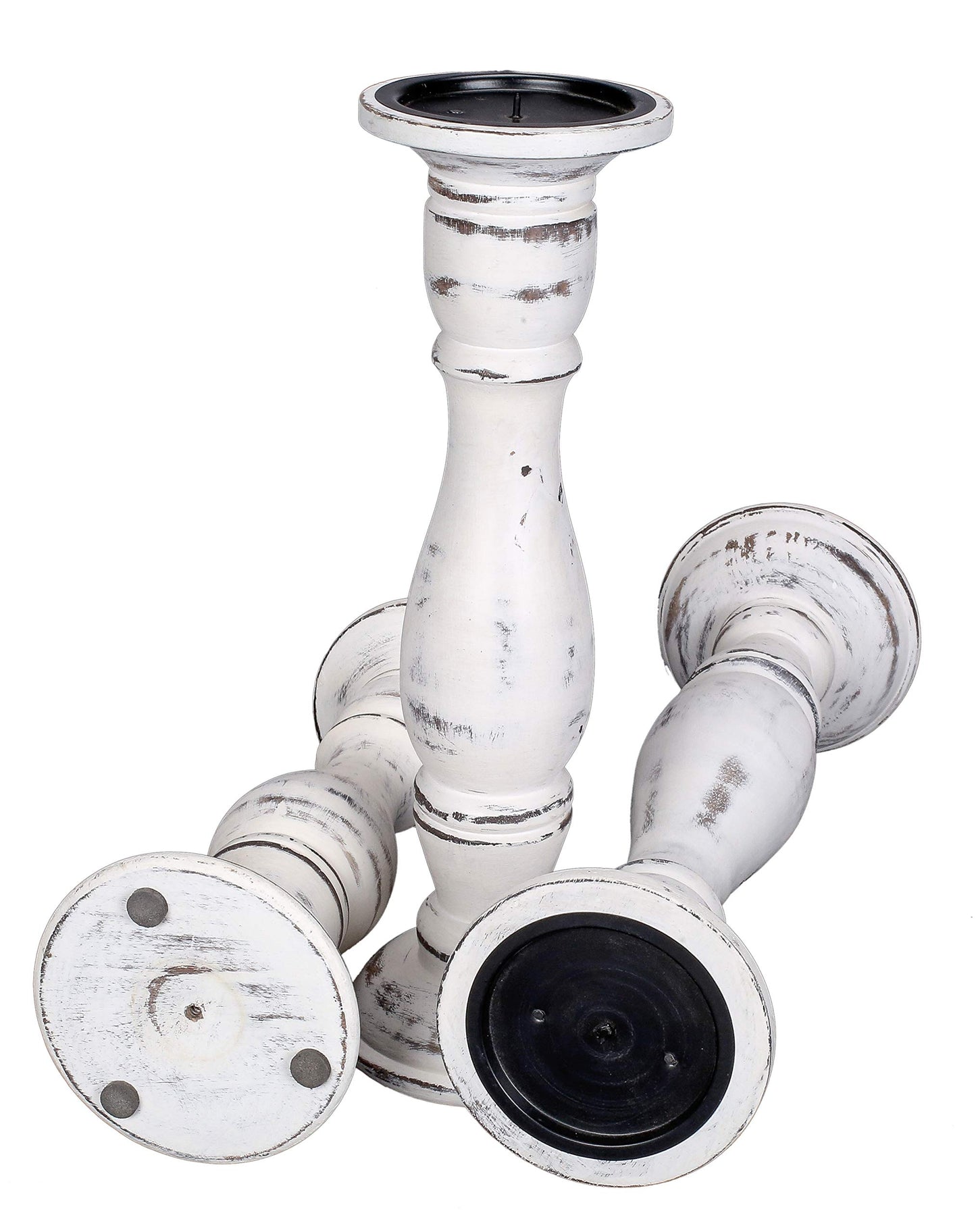 Candle Stands Wooden for Pillar Candles,Rounded Turned Colums, Sustainable Woods, Country Style, Idle for Reiki, Aromatherapy, Votive Candle Garden Home décor - 16,14,12 Inch Set of 3 - White Antique