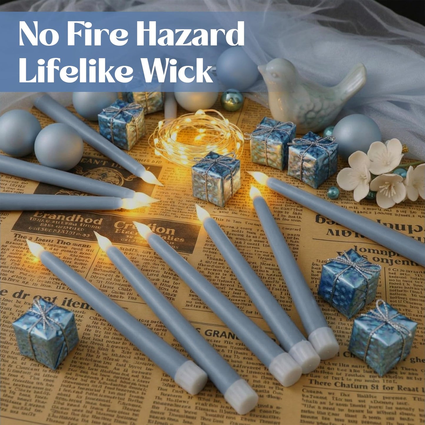 Macarrie 24 Packs Flameless Taper Candles Battery Operated Fake 11 Inch Long Candlelight LED Flameless Candlesticks Flickering Tapered for Spring Summer Wedding(Haze Blue)