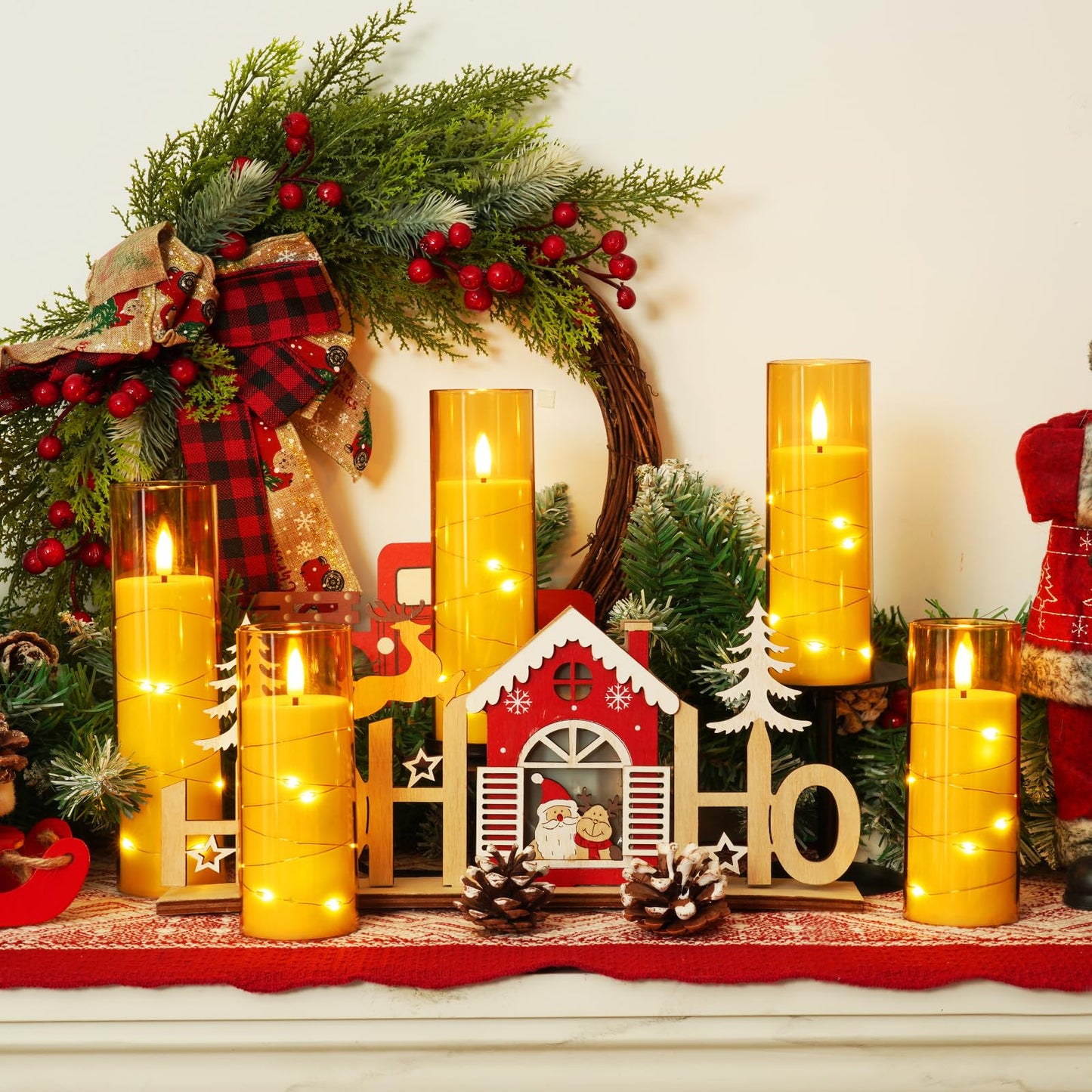 Homemory Flameless LED Candle with Embedded Star String Lights, Fake Candles with Remote Control & Timer, Battery Operated Candles, Amber, Set of 5