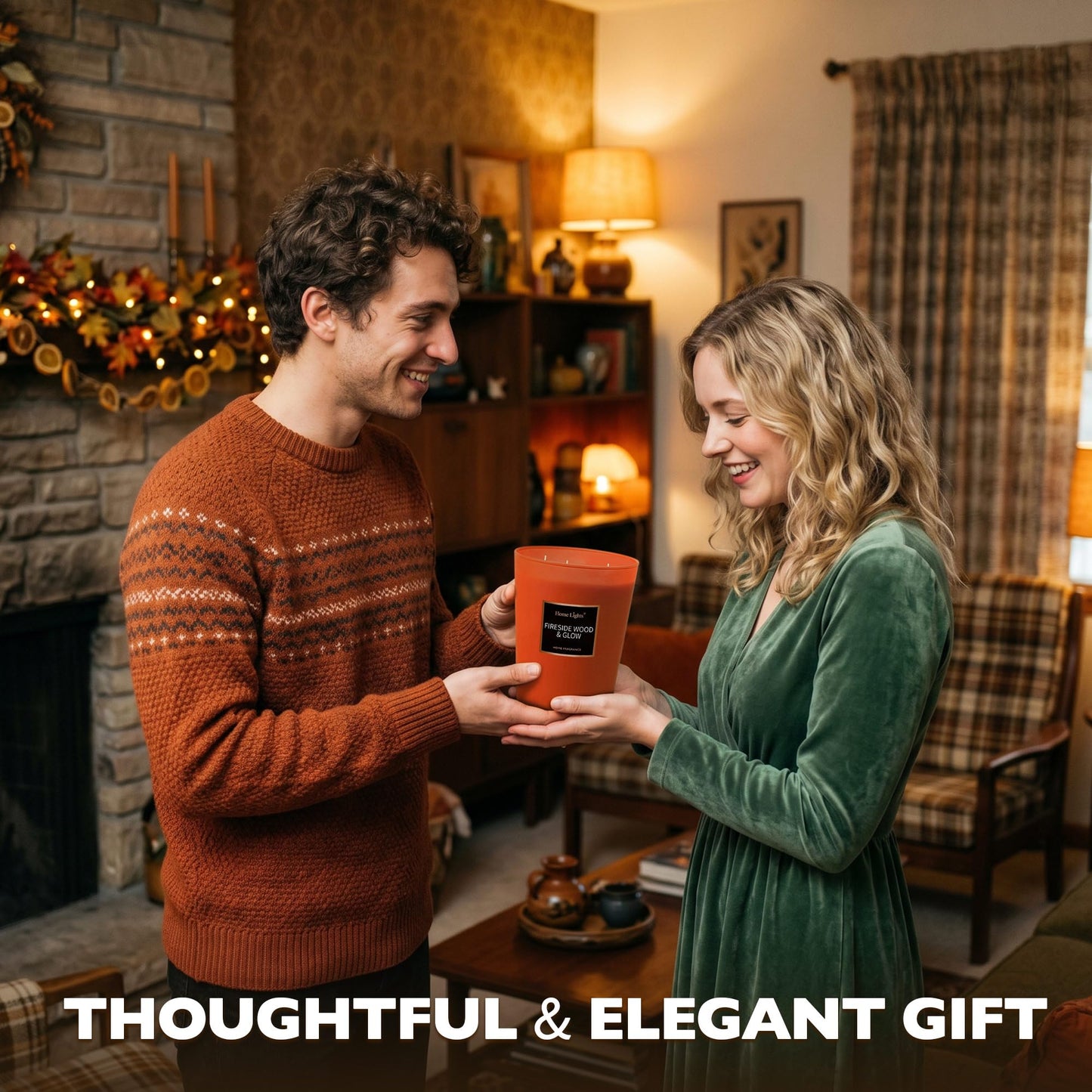 HomeLights Scented Candles - Large Jar Aromatherapy, Natural Soy Wax, 130 Hour Long Burning, Fireside Wood & Glow