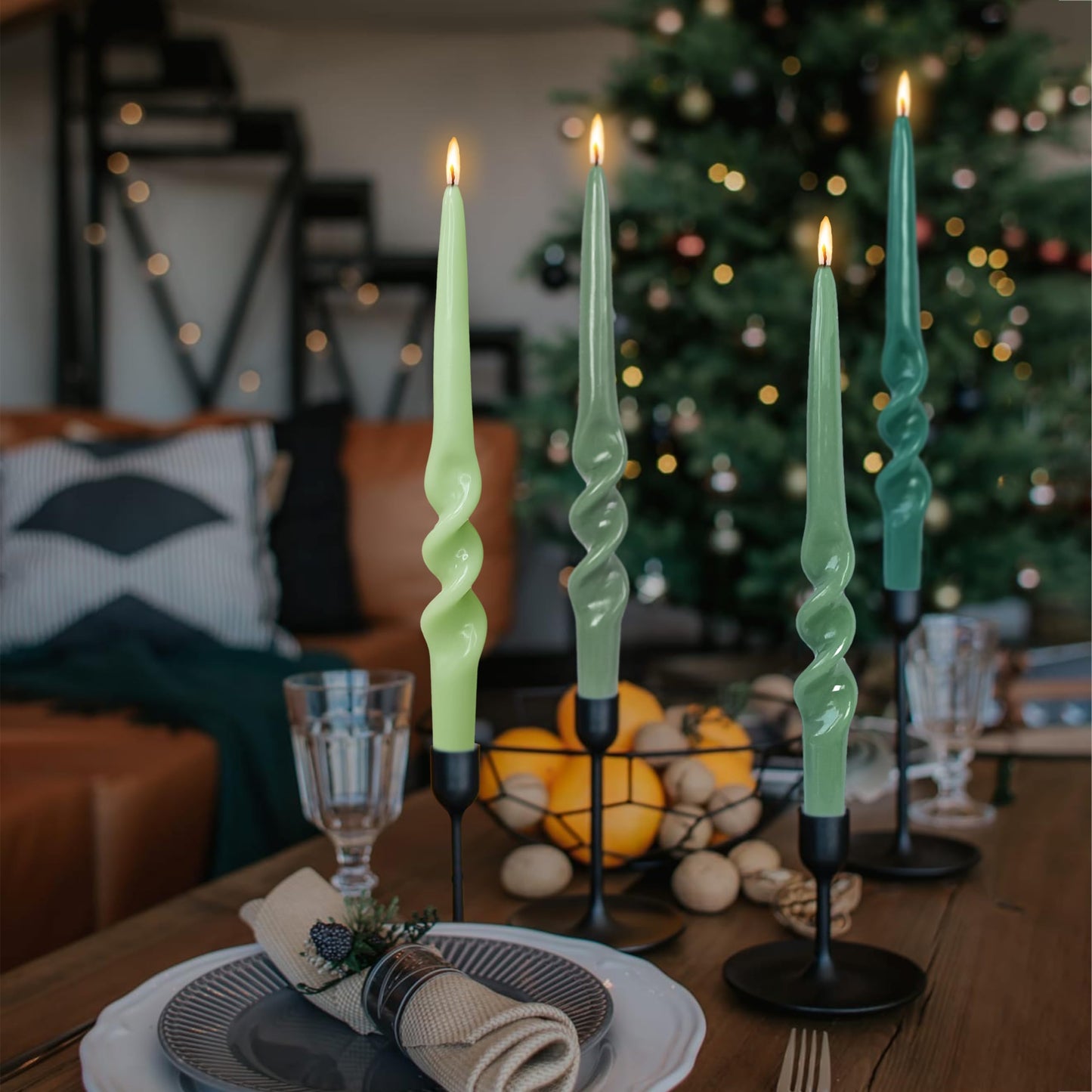 FLAMMUL Gradient Green Taper Candles 9.5 Inch Smokeless Spiral Candle Sticks Unscented Handmade Candlesticks for Seasons Home Decor 4 PCS
