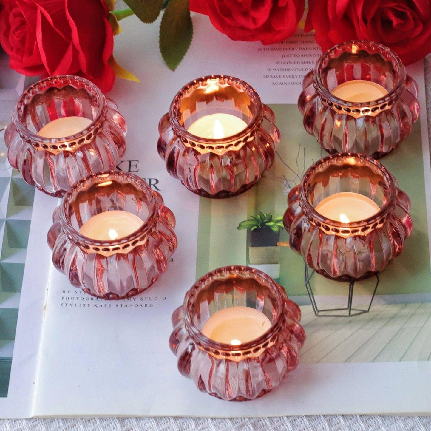 Woho 12pcs Rose Gold Tea Lights Candle Holder for Wedding Party, Glass Tealight Candle Holder for Valentines Day Decor, Votive Candle Holders for Home Decor