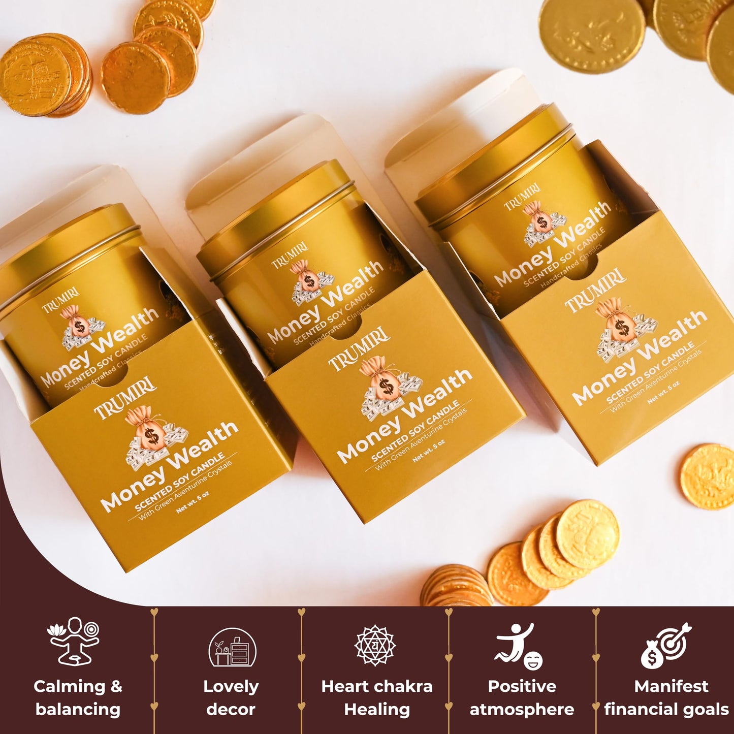 Money Wealth - Crystal Candles for Home Scented - Pack of 3 x 5oz Soy Wax Natural Clean Organic Non Toxic with Essential Oils - for Cash Luck Manifestation - Long Lasting Candel