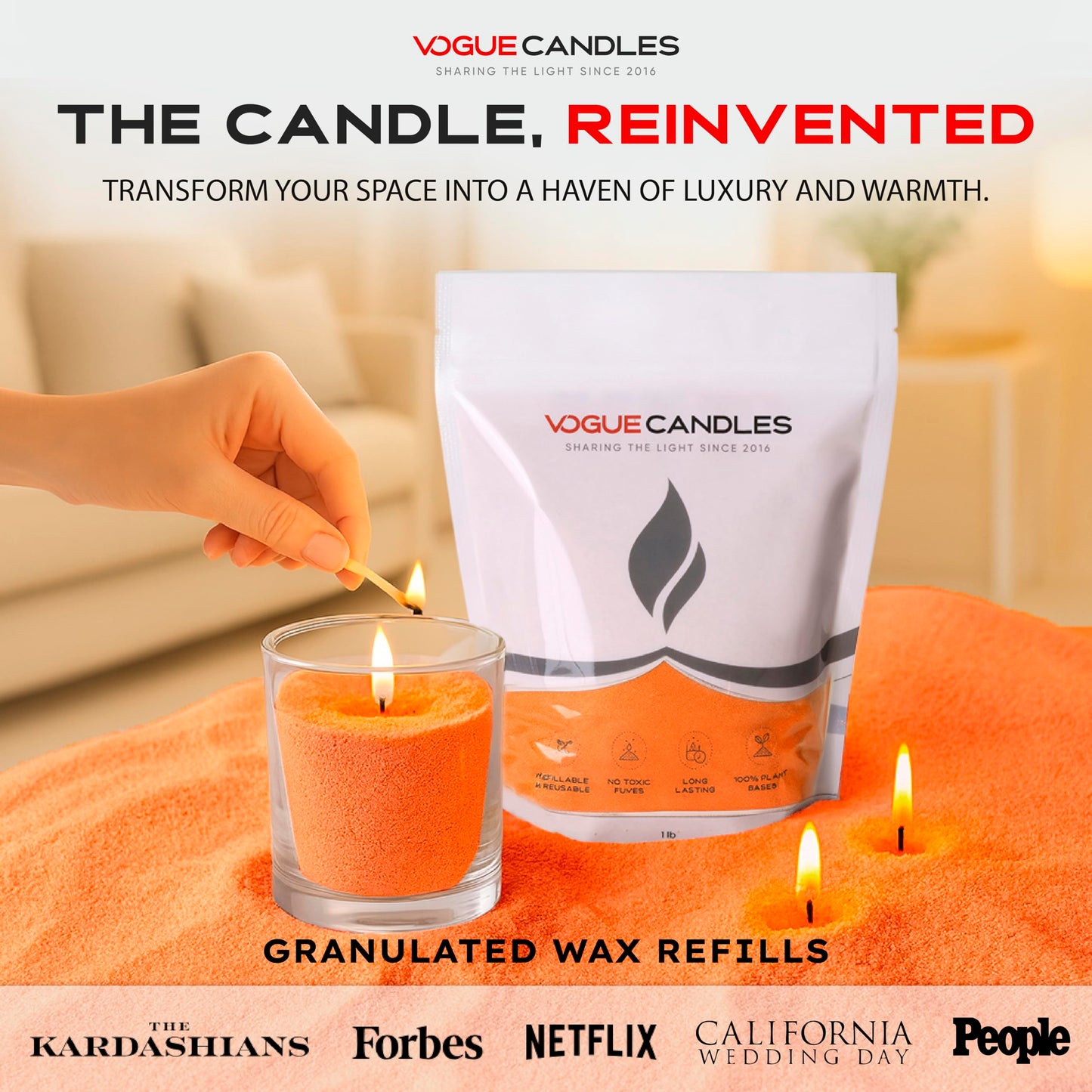 Vogue Candles Orange Pearled Candle Sand Wax (1 LB) – Sand Candle Kit w/15 Cotton Wicks for DIY Lighting – Plant-Based & Reusable Wax Granules Refill for Custom Vessels, Décor & Father’s Day Gifts
