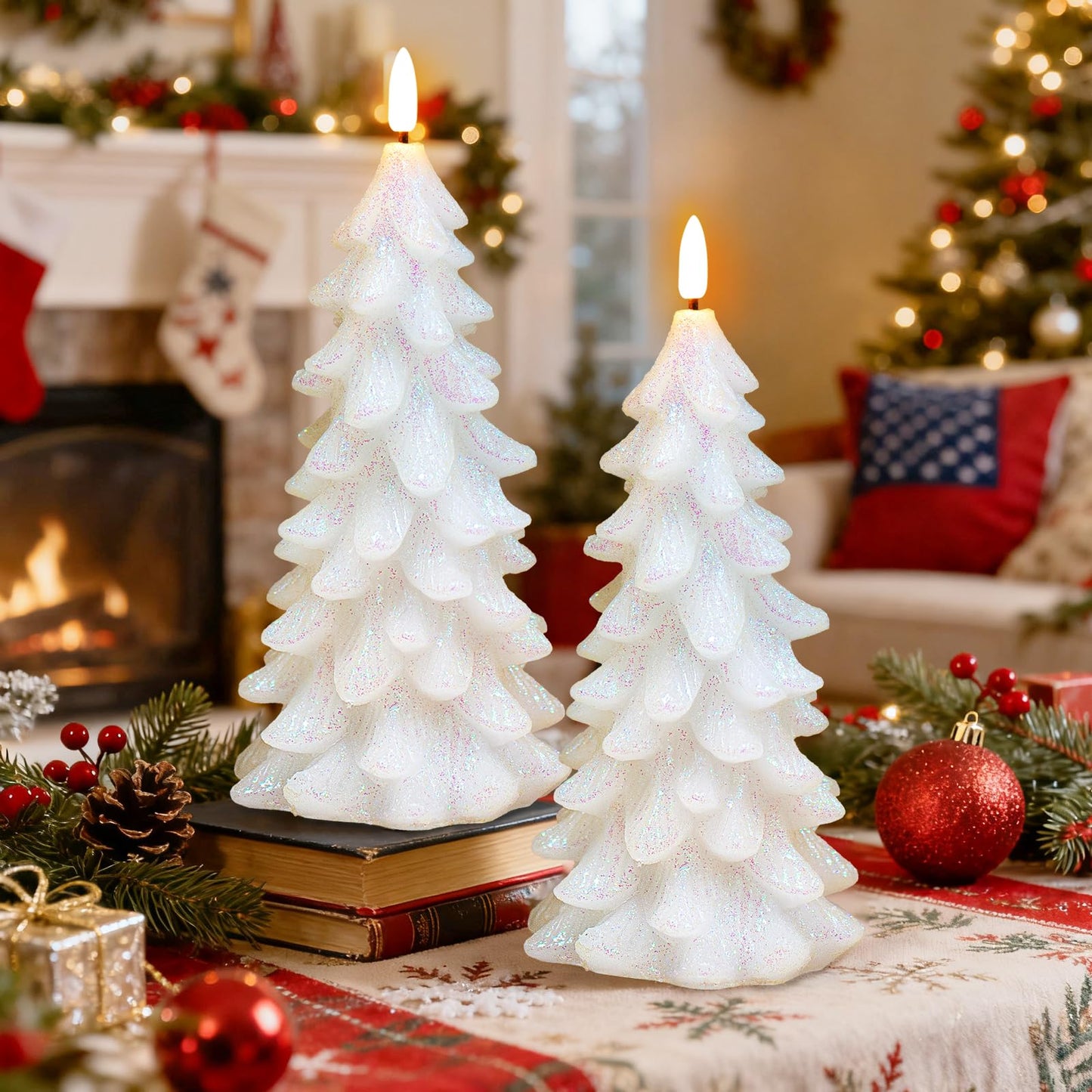 Lumeavetra Glittering Christmas Tree Shaped Flameless Candles, Flickering Real Wax Battery Operated LED Candles with Timer for Holiday Home Party Decorations, Set of 2