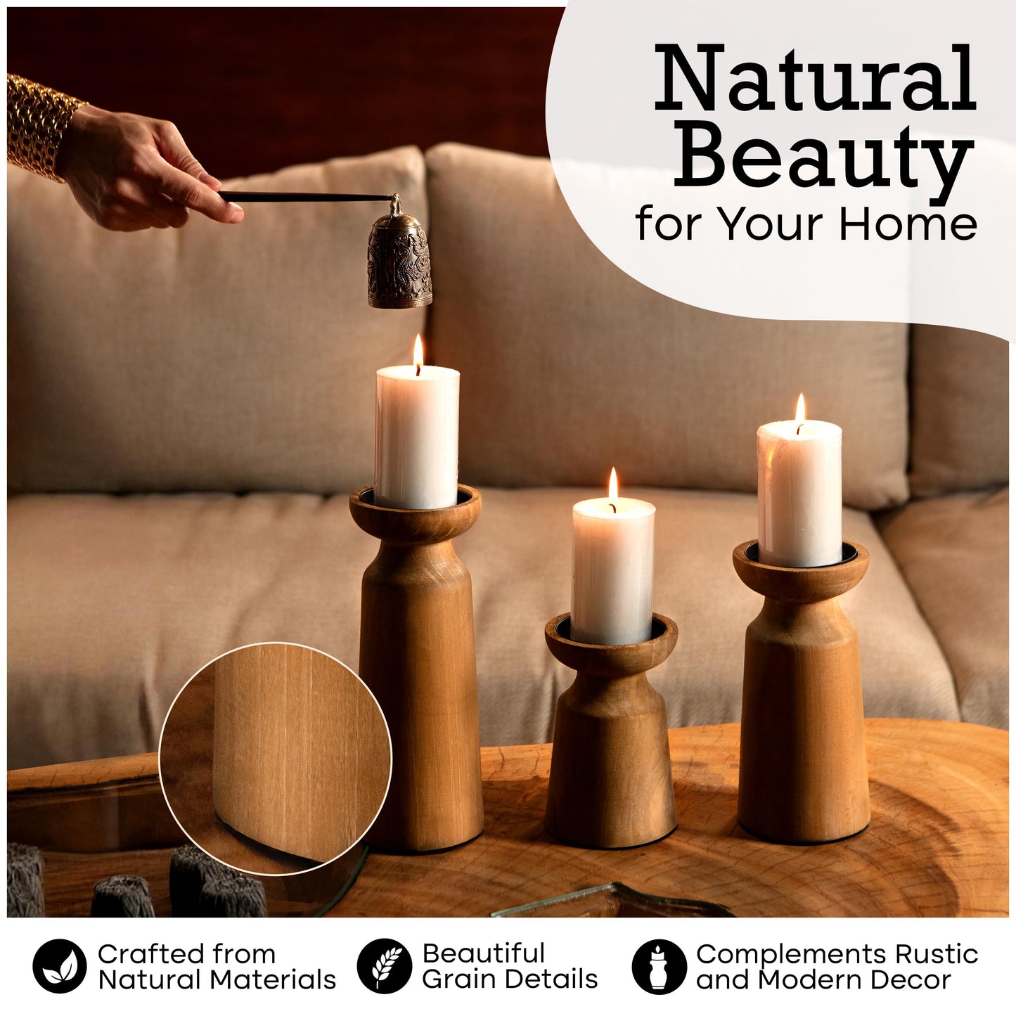 Set of 3 Wooden Candle Holders
