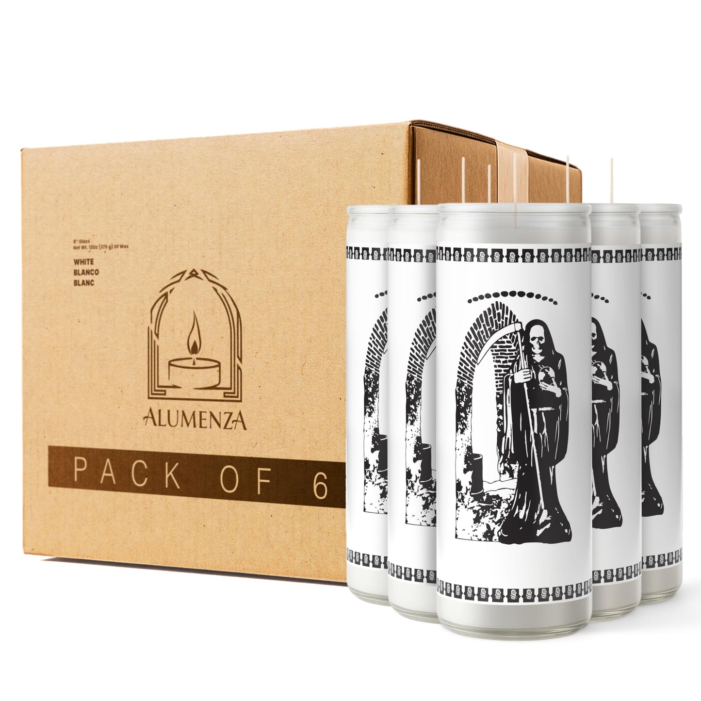 Alumenza 6 Pack Santa Muerte Candle in Glass Jar 90 Hours– Paraffin Wax, Clean Burning Unscented | Large & Tall Devotional Prayer Pillar Candles for Home, Memorial, Rituals