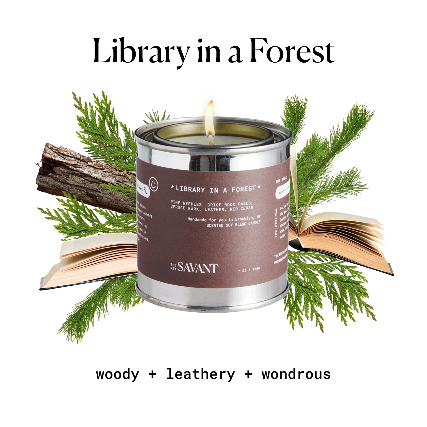 The New Savant Scented Candle - Library in a Forest - Aesthetic Bookish Candle for Home, Pine, Citrus, Patchouli & Leather, Soy Wax Blend, Vegan & Cruelty-Free, 50-Hour Burn Time - 7oz