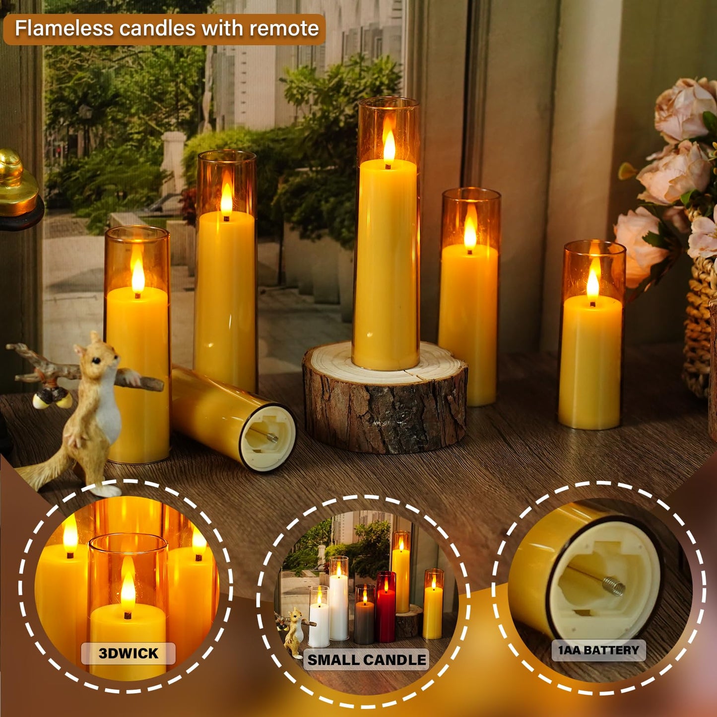 Nimiko Small Flickering Flameless Candles - Battery Operated LED Fake Candles, Pack of 12 (D1.57 x H4 5" 6") for Holiday Decor, Home, Weddings (Gold)