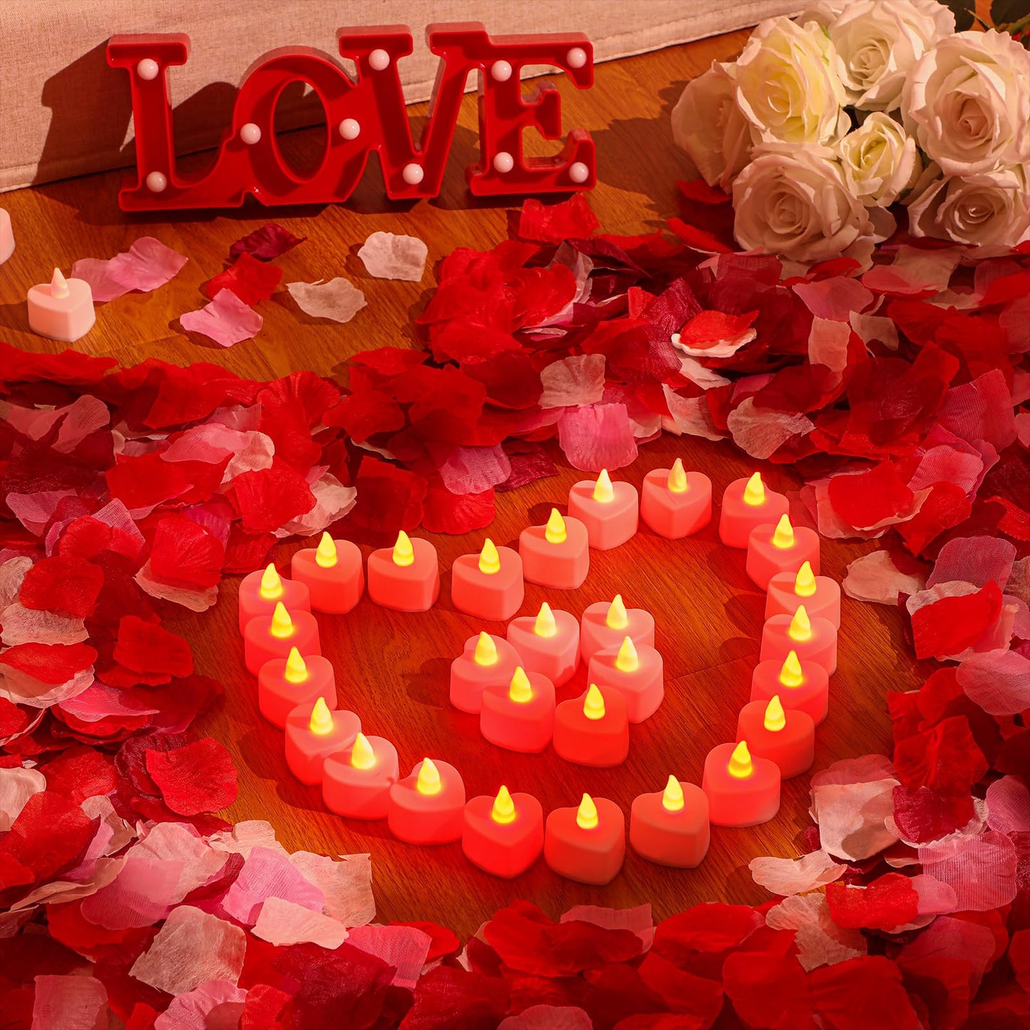 VIHOSE 4000 Pcs Artificial Rose Petals with 24 Pcs LED Tea Lights Candles Flameless LED Candles Fake Rose Petals for Wedding Birthday Party(Red Light, Bright Color Petal)