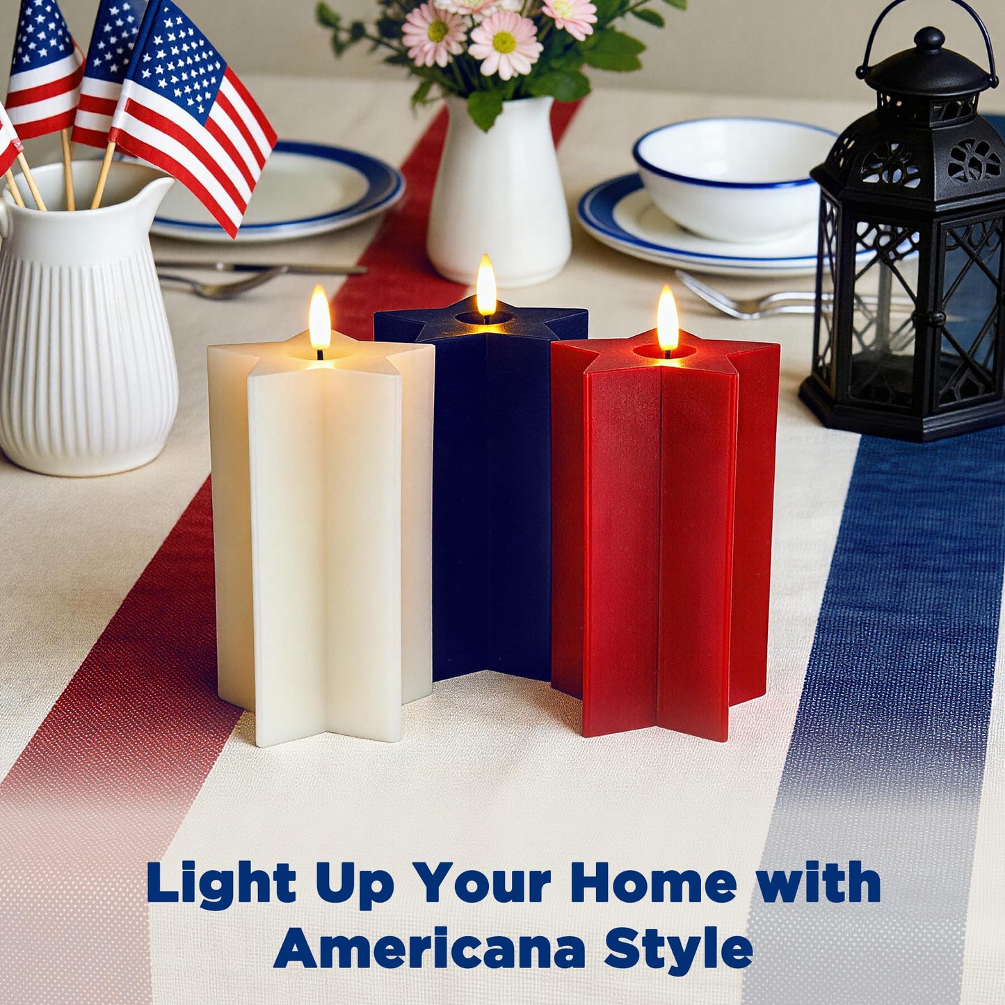Velsyn Americana Set of 3 Red, White & Blue Star-Shaped Flameless Candle Pillars - Real Wax 3D Flame LED Candle