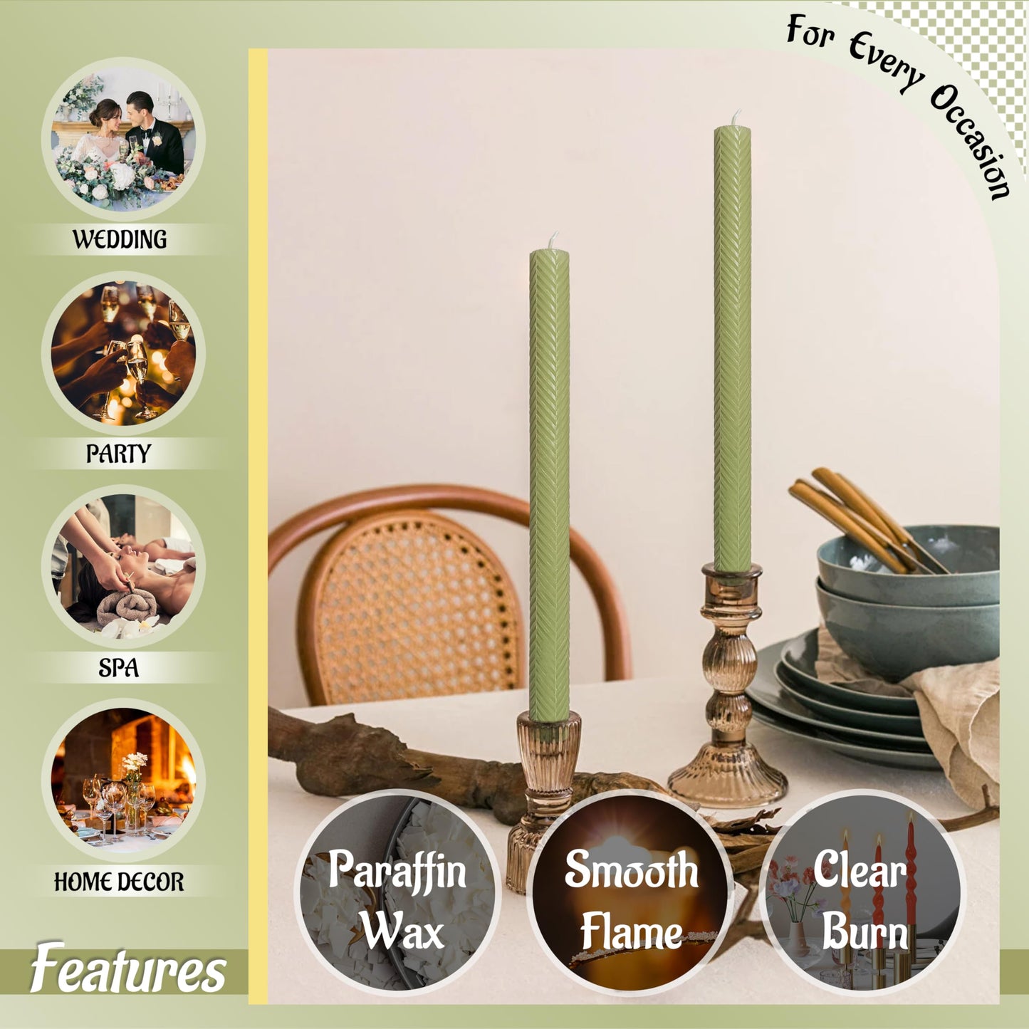 Ribbed Taper Candles Unscented Grass Green Candlesticks 10 Inch Handmade Long Candle Smokeless Texture Candle Sticks for Dinner Weddings Decoration Gifts Set of 2