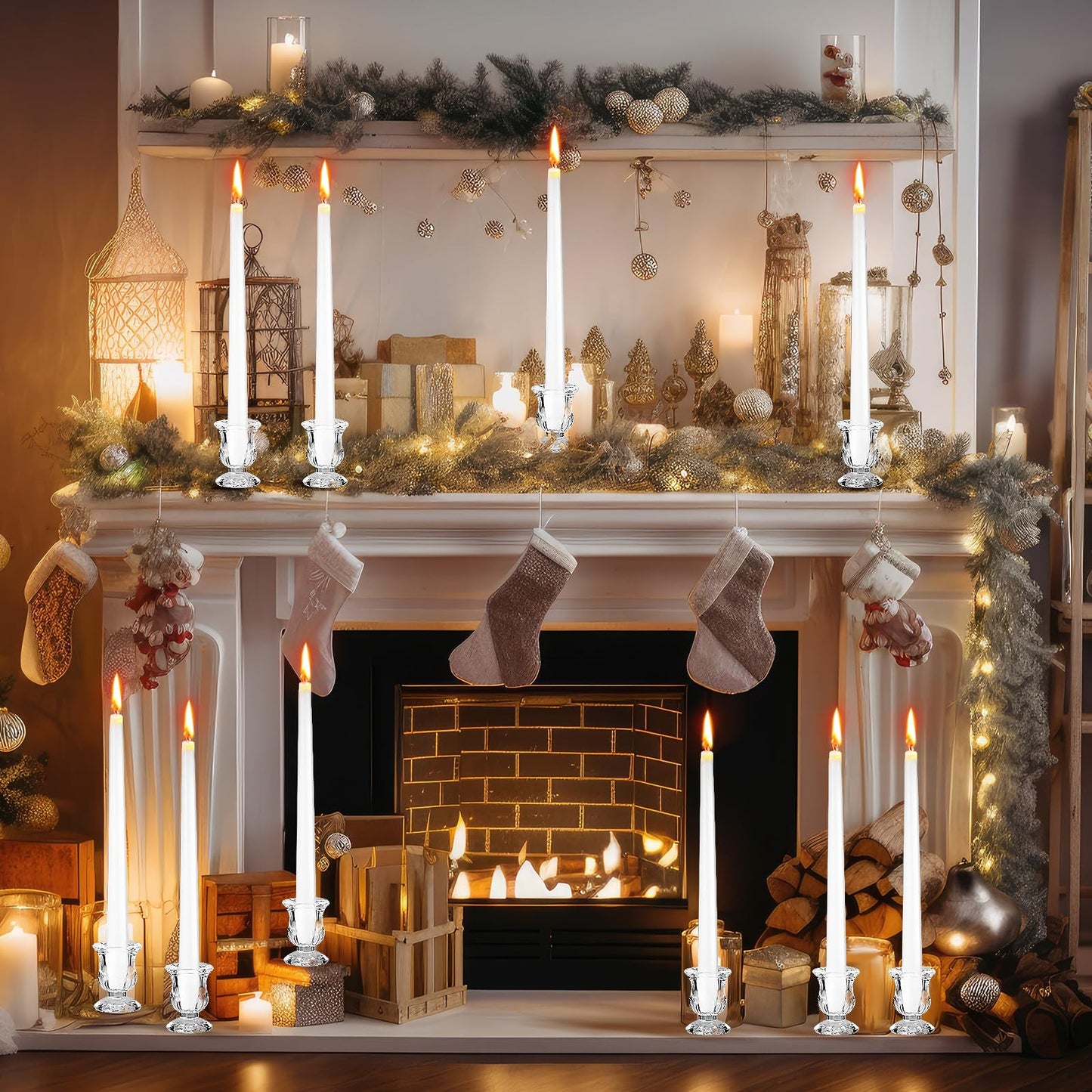 48 Pcs Taper Candlestick Holder Clear Glass Candle Holder with 10 Inch White Candles 8 Hours Burn Time Smokeless Candles for Wedding Table Centerpiece Party Decorations