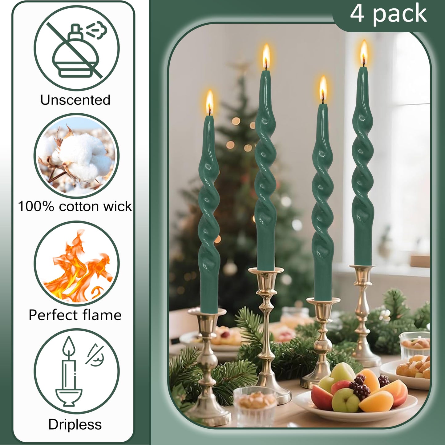 Spiral Taper Candles Green Taper Candles Smokeless Dinner Twisted Green Candlesticks Unscented Handmade Long Candle Sticks for Christmas Wedding Home Decor Special Occasions & Celebrations