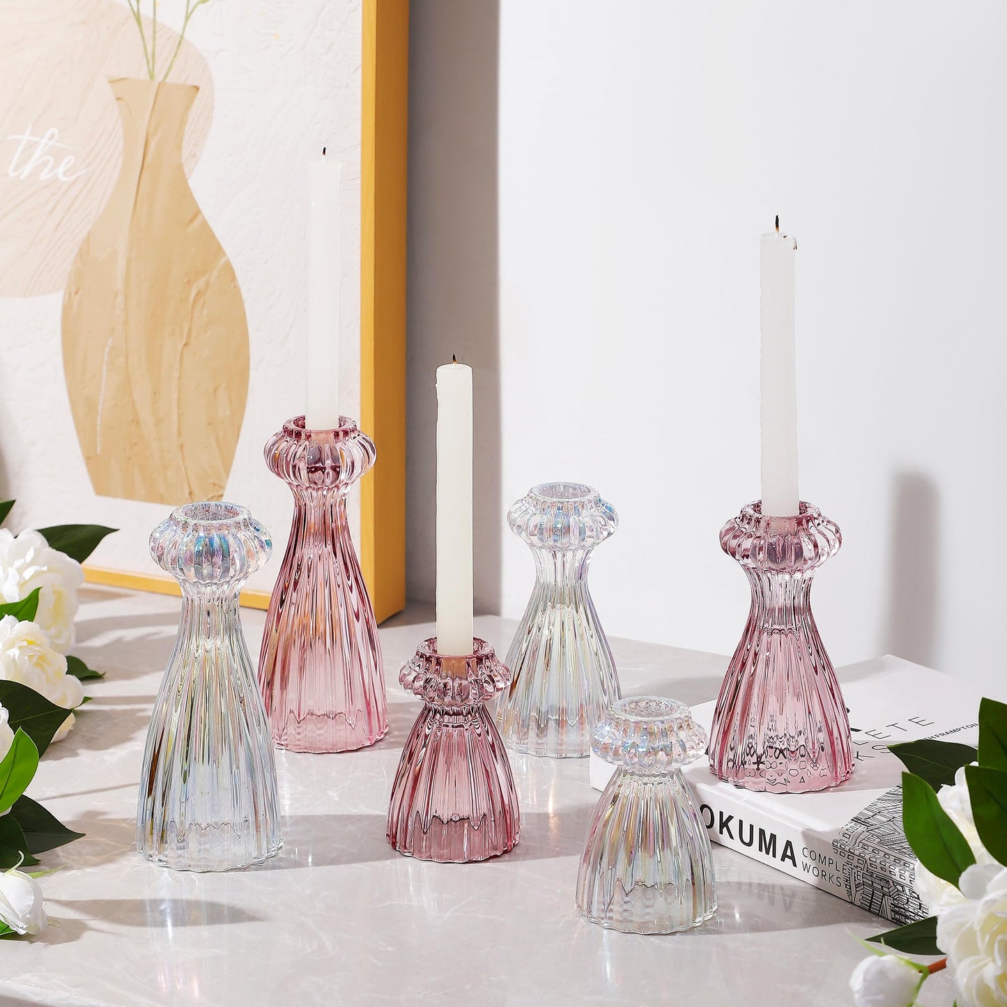 Lysenn Glass Candle Stick Holder Set of 3 – Premium Taper Candle Holders for Romantic Ambiance - Candle Sticks Holder Decor for Special Occasions - Pink