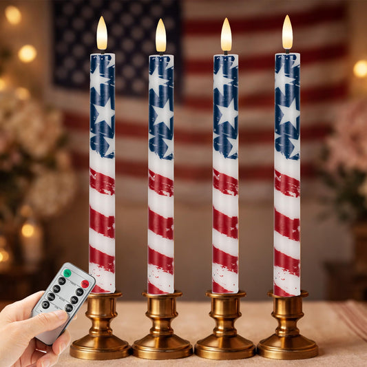 SEHNSY 4th of July Flameless Taper Candles with Remote and Timer, Real Wax Red White and Blue American Flag LED Candles, 250th Anniversary Patriotic Battery Operated Taper Candle Set