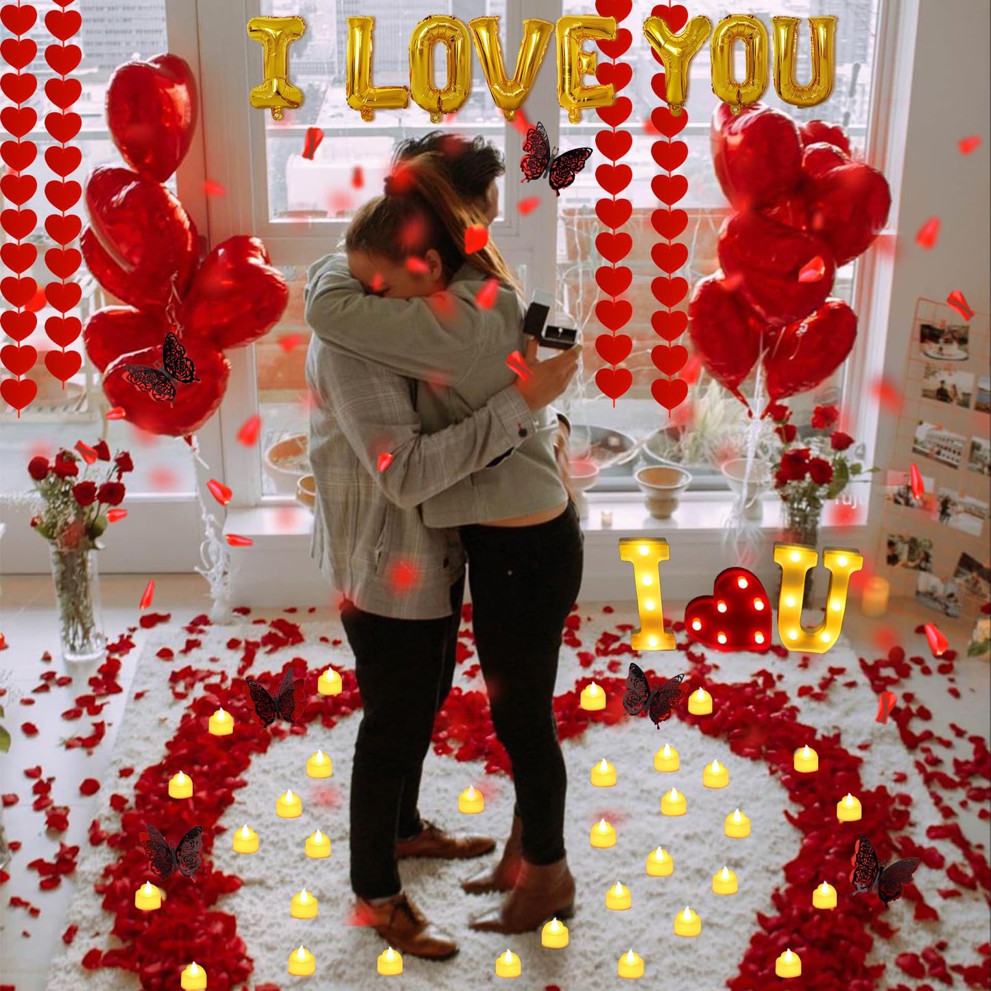 fulasiteu 6347pcs Romantic Rose Petals & Candles Set - 'I LOVE YOU' Letters, 6000 Rose Petals, 48 Heart Candles, Balloons & Decorations for Anniversary, Valentine's Day, Proposal