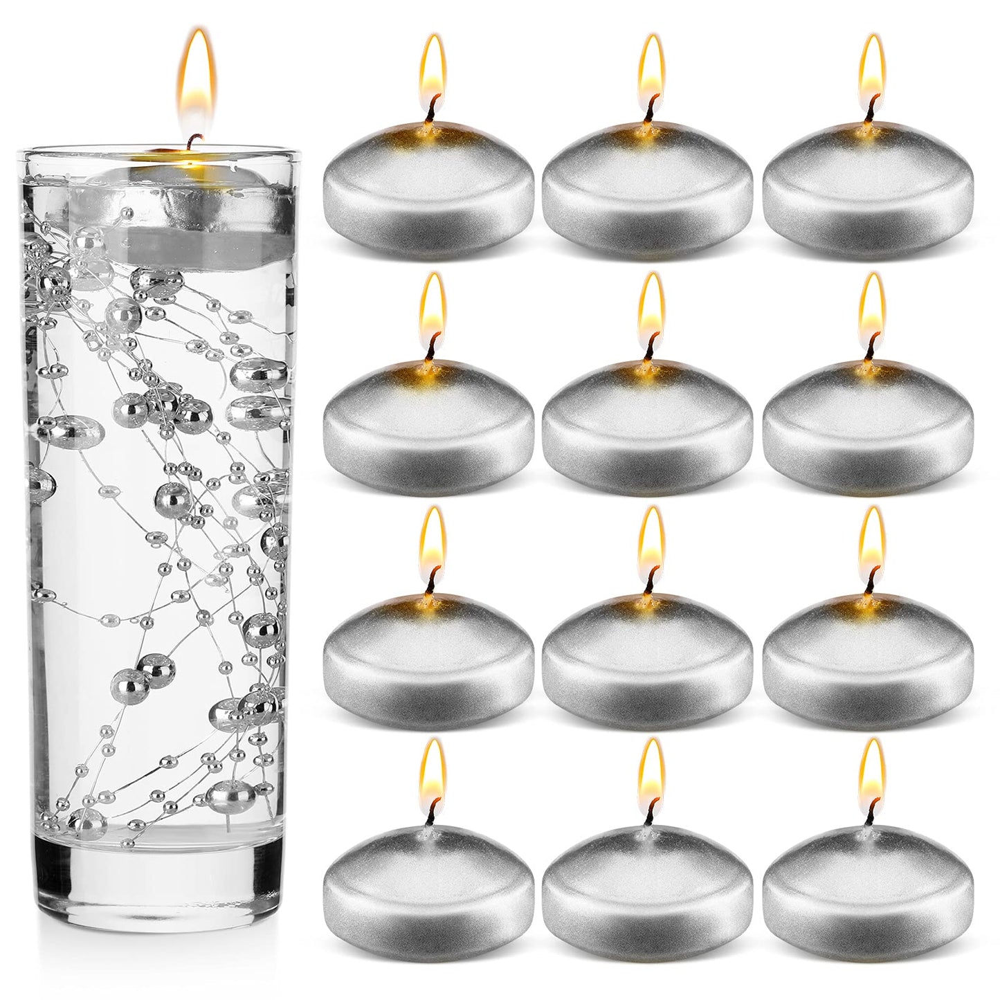 Nuanchu 12 Pieces 1. 65 Inch Floating Candles for Wedding Centerpiece, Small Unscented Floating Round Tealights Metallic Smooth Wax Disc Candles for Graduation Dinner Home Decor(Silver)