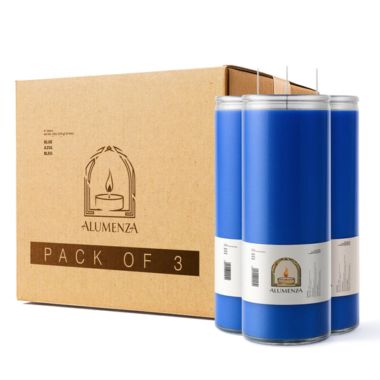 Alumenza 3 Pack Blue 7 Day Candles in Glass Jar – Paraffin Wax, Clean Burning Unscented | Large & Tall Devotional Prayer Pillar Candles for Home, Memorial, Spells, Long Lasting