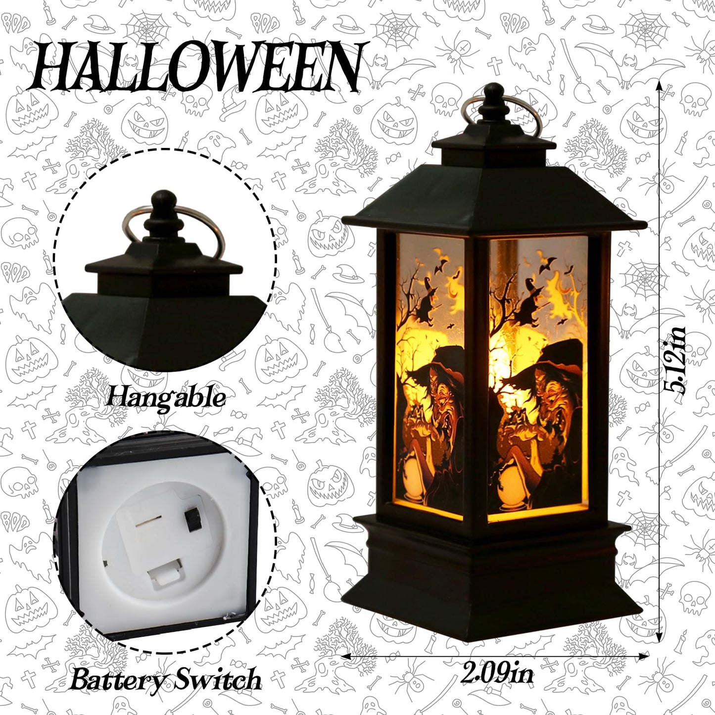 2 Pieces Halloween Lanterns Decoration 5.1" Height Retro Hanging Lamp Halloween Witch Flameless Candle Holder with Transparent Pumpkins Lantern Gift for Home Trick or Treat Party Supplies