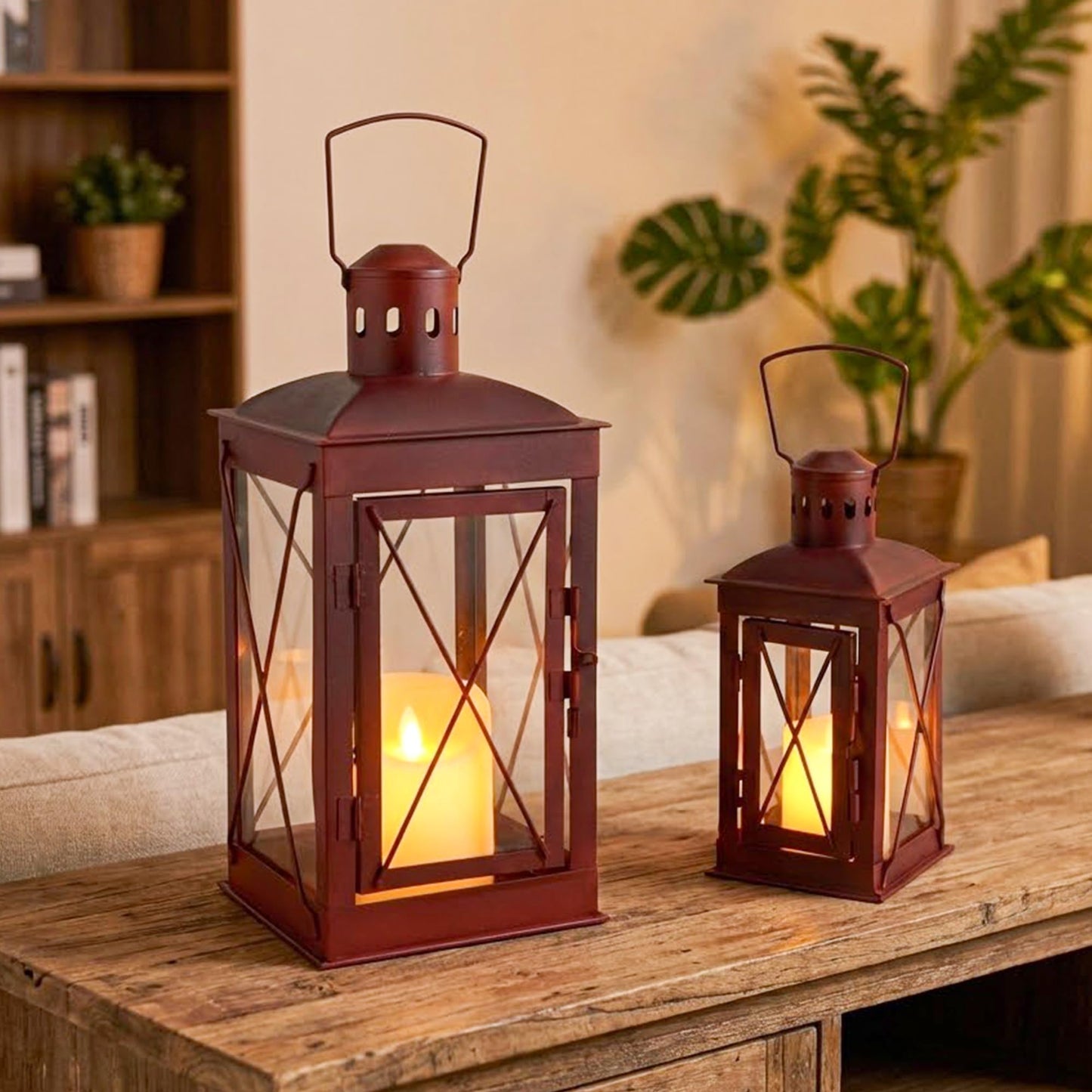 TRIROCKS Set of 2 Decorative Candle Lantern 14/10'' High Metal Candle Holder Hanging Lantern Perfect for Home Decor Patio Living Room Parties Events Tabletop Indoors Outdoors (Red)