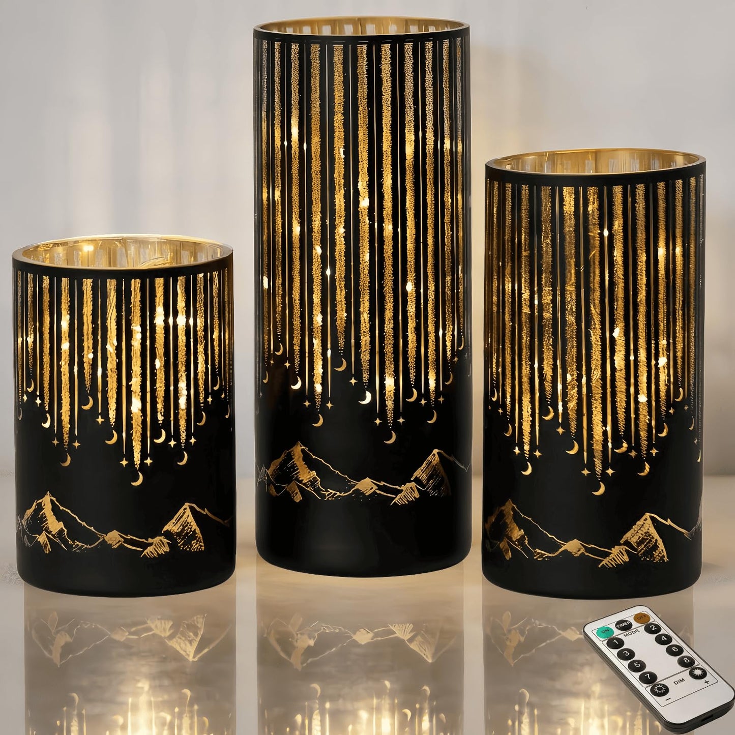 Ashroder Starry Night Elegant Hurricane Candleholders with LED Flickering Lights & Remote Timer, Decorative Glass Hurricanes for Indoor Table Centerpieces & Year-Round Home Decor, Set of 3 (Black)