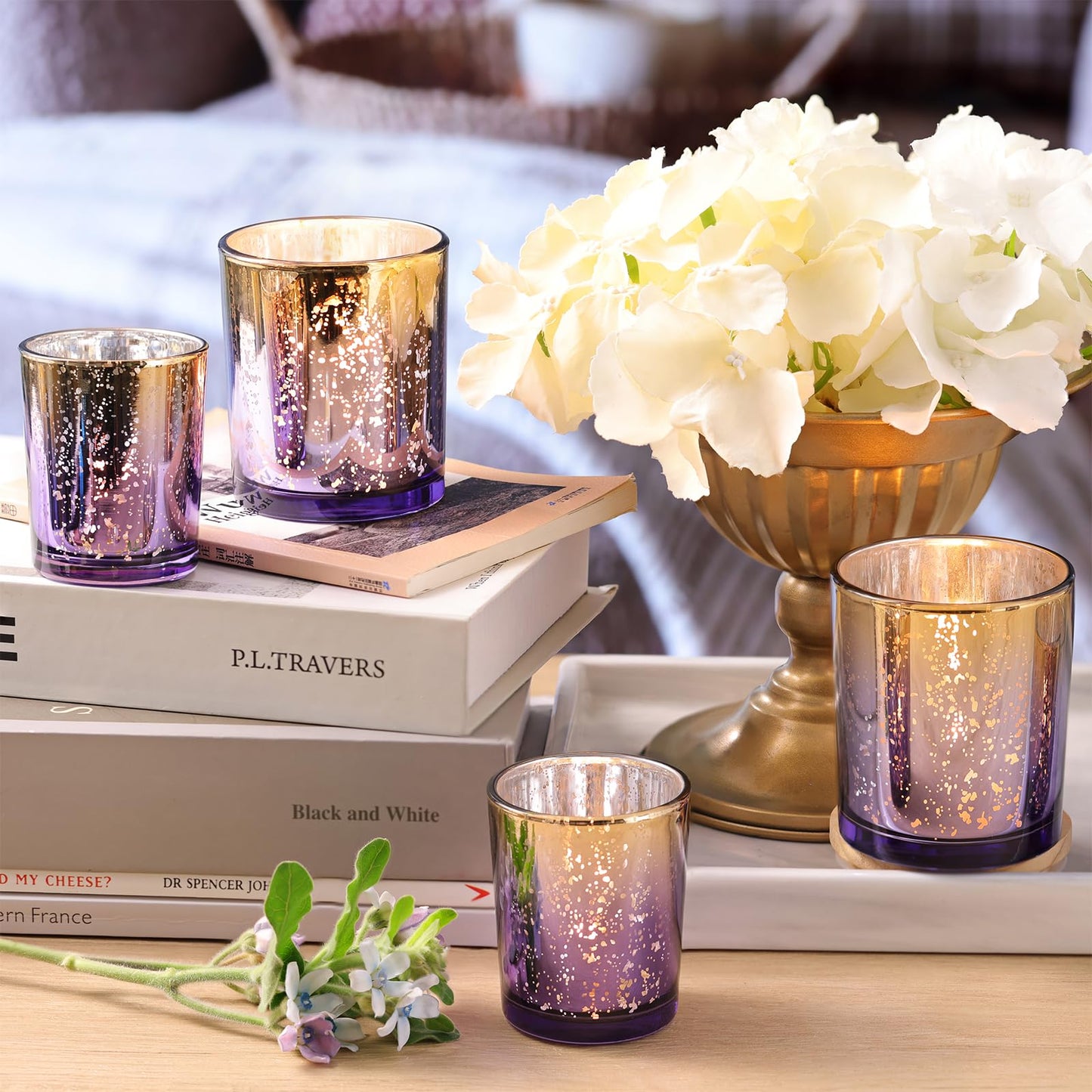 Volens 12pcs Assorted Purple Votive Candle Holders, Large Speckles Mercury Glass Votive & Tealight Candle Holder Bulk for Wedding Table Centerpiece, Purple and Gold Themed Party Decorations