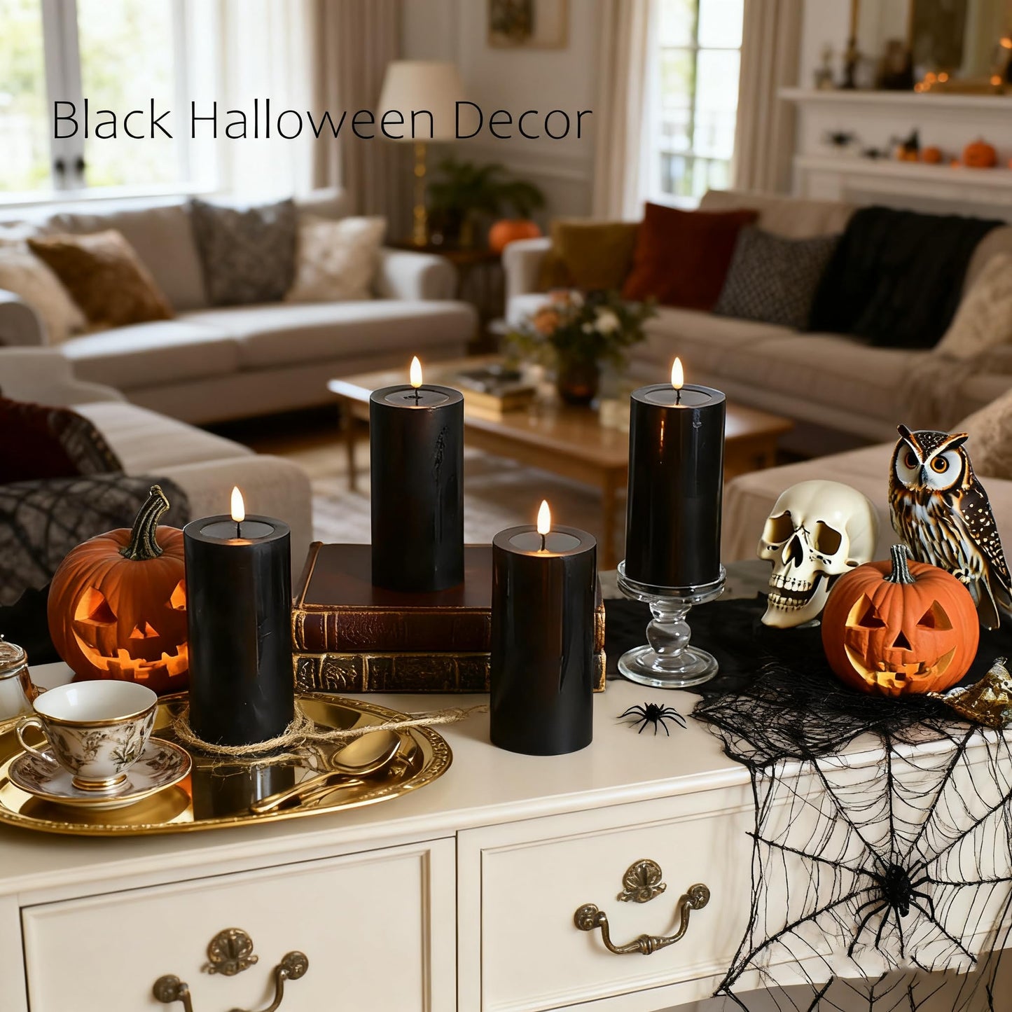 MUMCHASI 4 Packs Flameless Candles, Black Battery Operated Candles, Black Halloween LED Candles, Real Wax Flickering Candlelights with Remote for Home Fall Halloween Christmas Party Candelabra