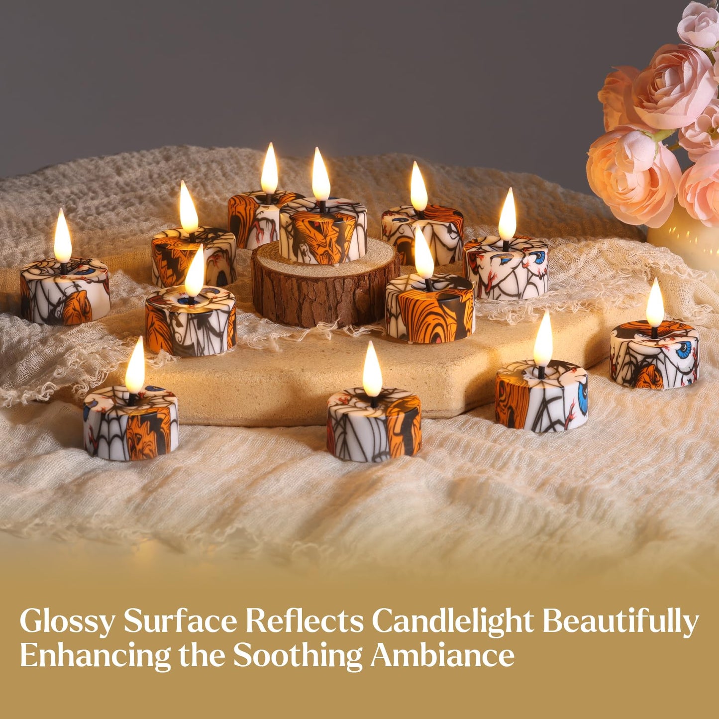 Eywamage Flameless LED Tealights with Remote Set of 12, Cool Pattern Battery Tea Votive Candles Holiday Gift