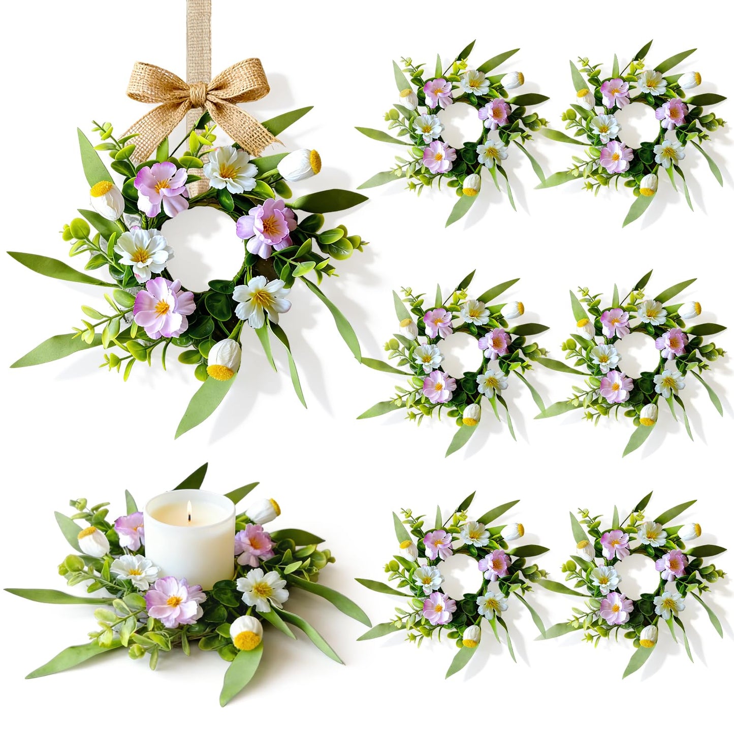 6 Pcs Small Spring Summer Candle Ring Wreaths with Artificial Pink White Flower and Yellow Fruit Mini Pillar Candle Holder Wreath with Lavender for Home Kitchen Cabinets Table Centerpieces Front Door