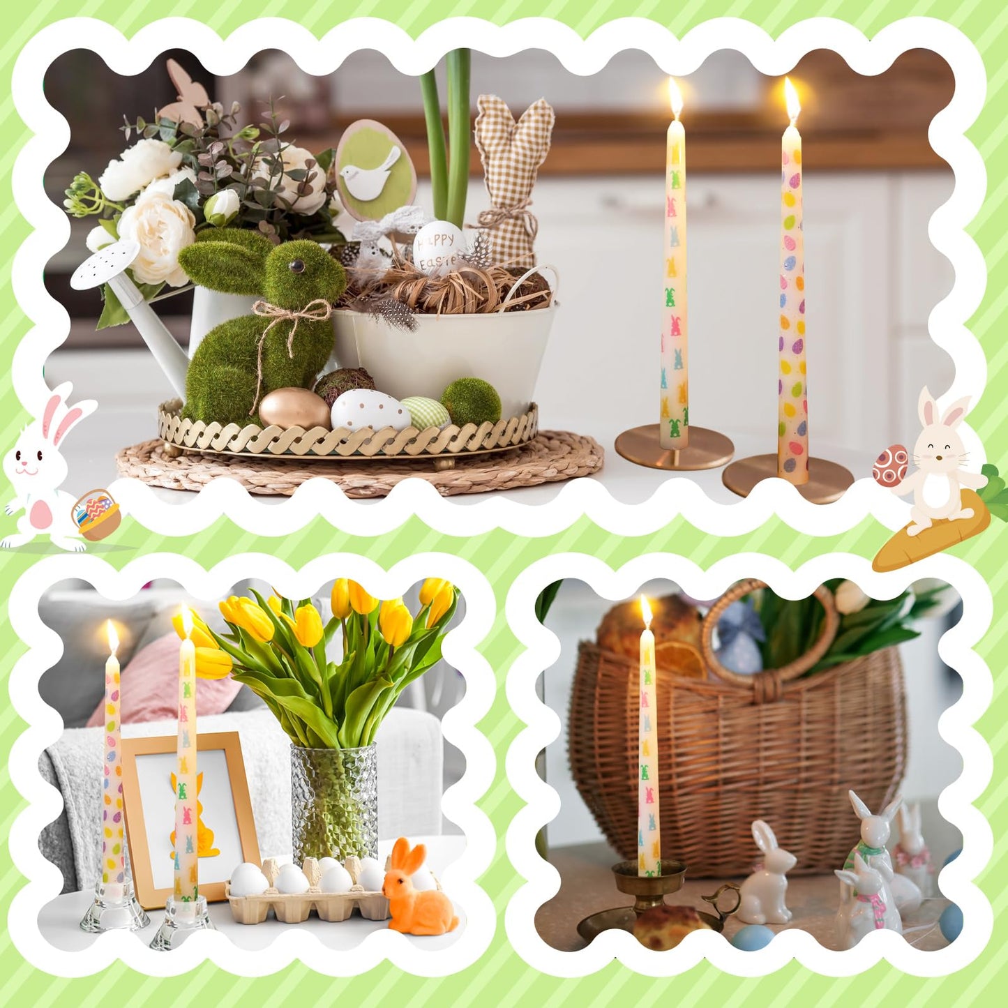 Threlaco 12 Pcs Bunny and Egg Taper Candles Set 10 Inch Pastel Spring Candle Sticks for Table Decoration Dinner Party Holiday Decor Basket Stuffer