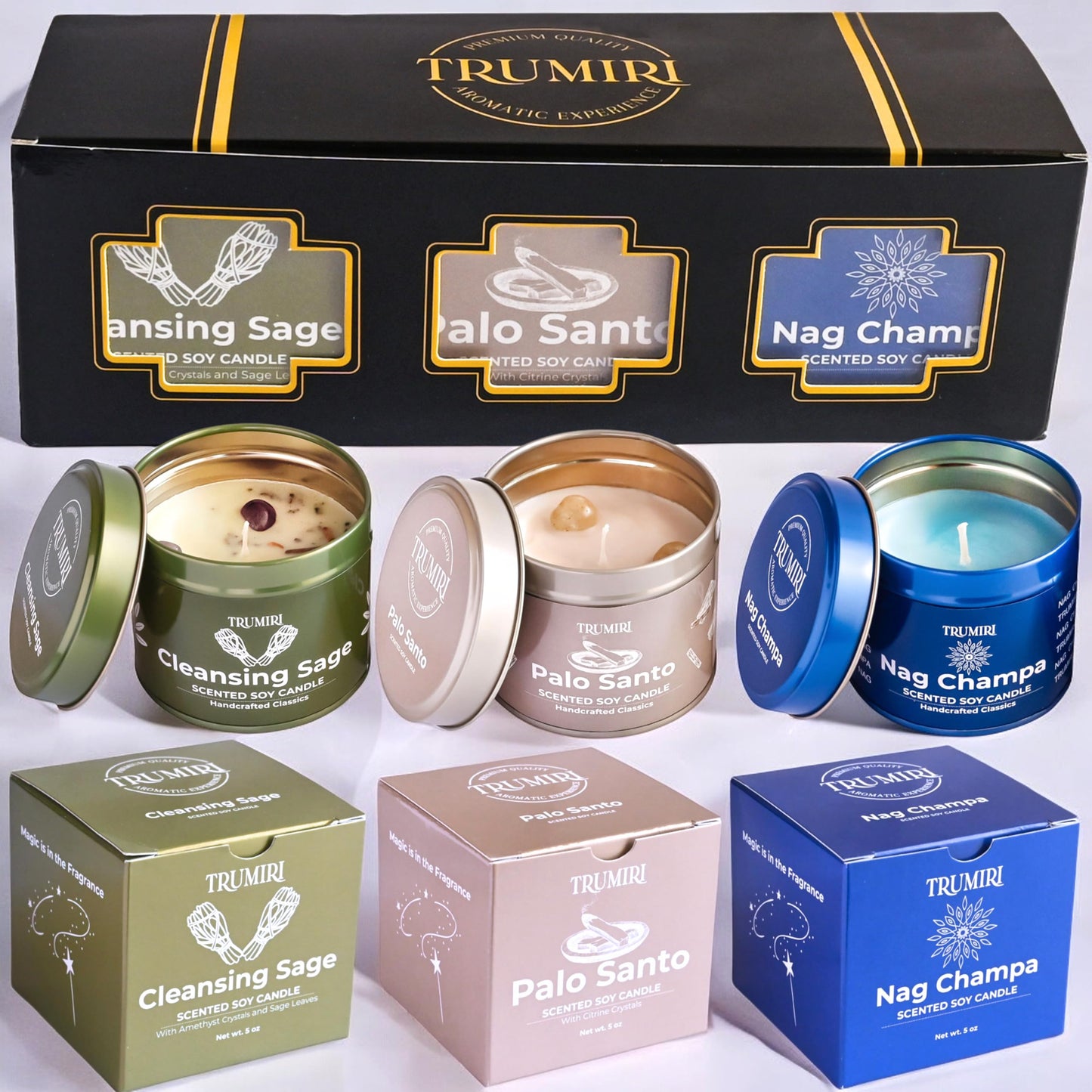 Cleansing Sage, Palo Santo, Nag Champa - Soy Candles Non Toxic - Highly Scented Long Lasting with Essential Oils - Variety Pack of 3 x 5oz - for Home Aromatherapy Meditation Gift Travel