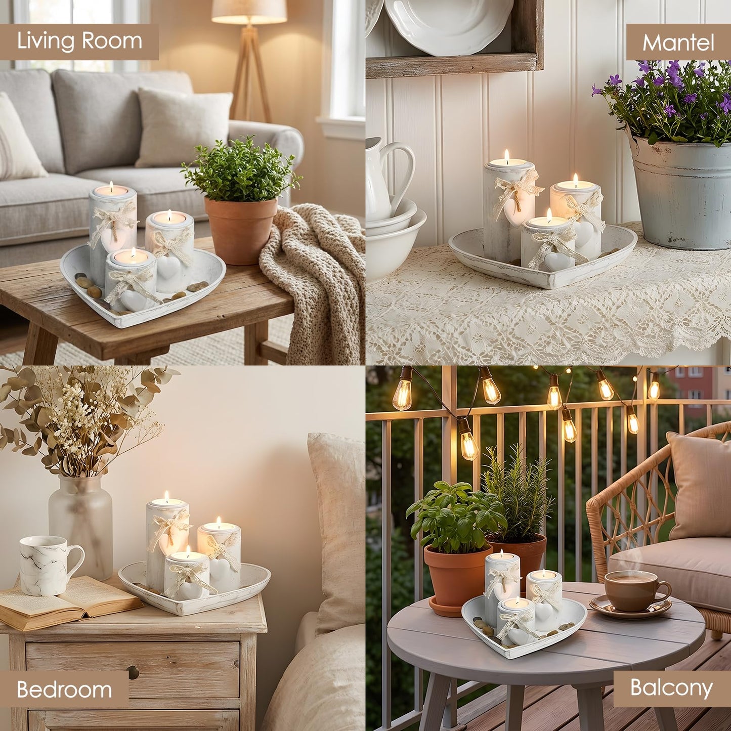 Teeloray Farmhouse Candle Holders 3 Pack Rustic Wooden Pillar Candle Holder with Heart Tray and Stones Tealight Candles Holders Centerpiece for Wedding Coffee Table Mothers Day Valentines Home Decor