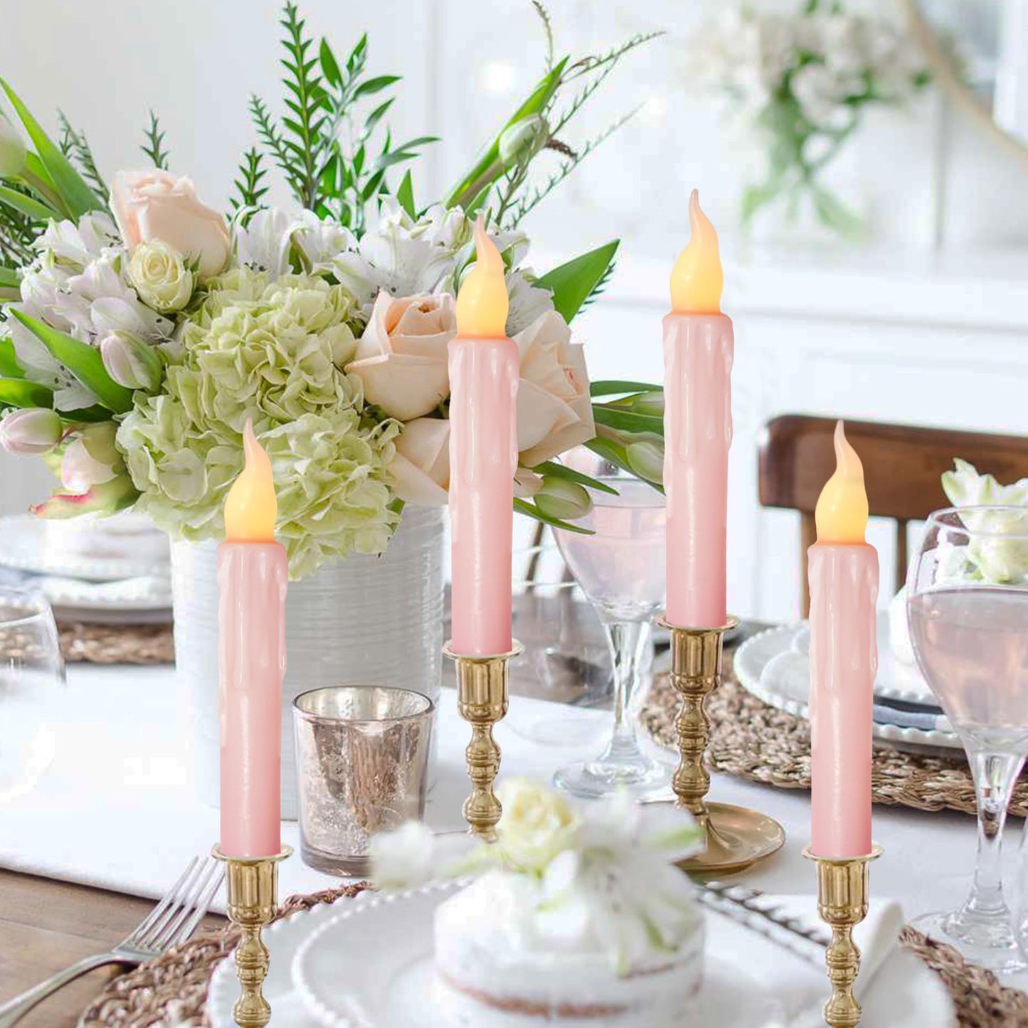 FCMSHAMD Pink Flameless Short Taper Candles, Real Wax Hand Dipped LED Battery Operated with Remote, Flickering Flame Lights for Festival Party Home Décor, 6.7 Inch Primitive Flameless Candles, 4PCS