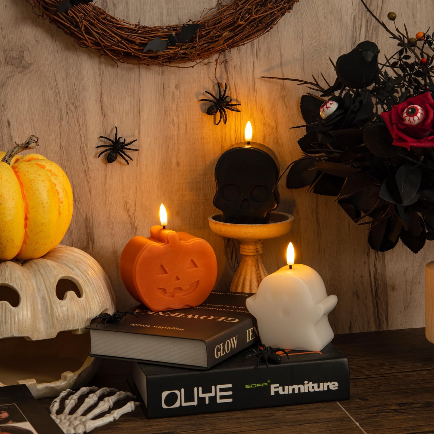 JOIONE Halloween Flameless Candles with Remote, 3D Flickering Flame Real Wax LED Battery Operated Candles, Cute Pumpkin & Ghost & Skull Halloween Candle for Party and Home Decorations, Set of 3